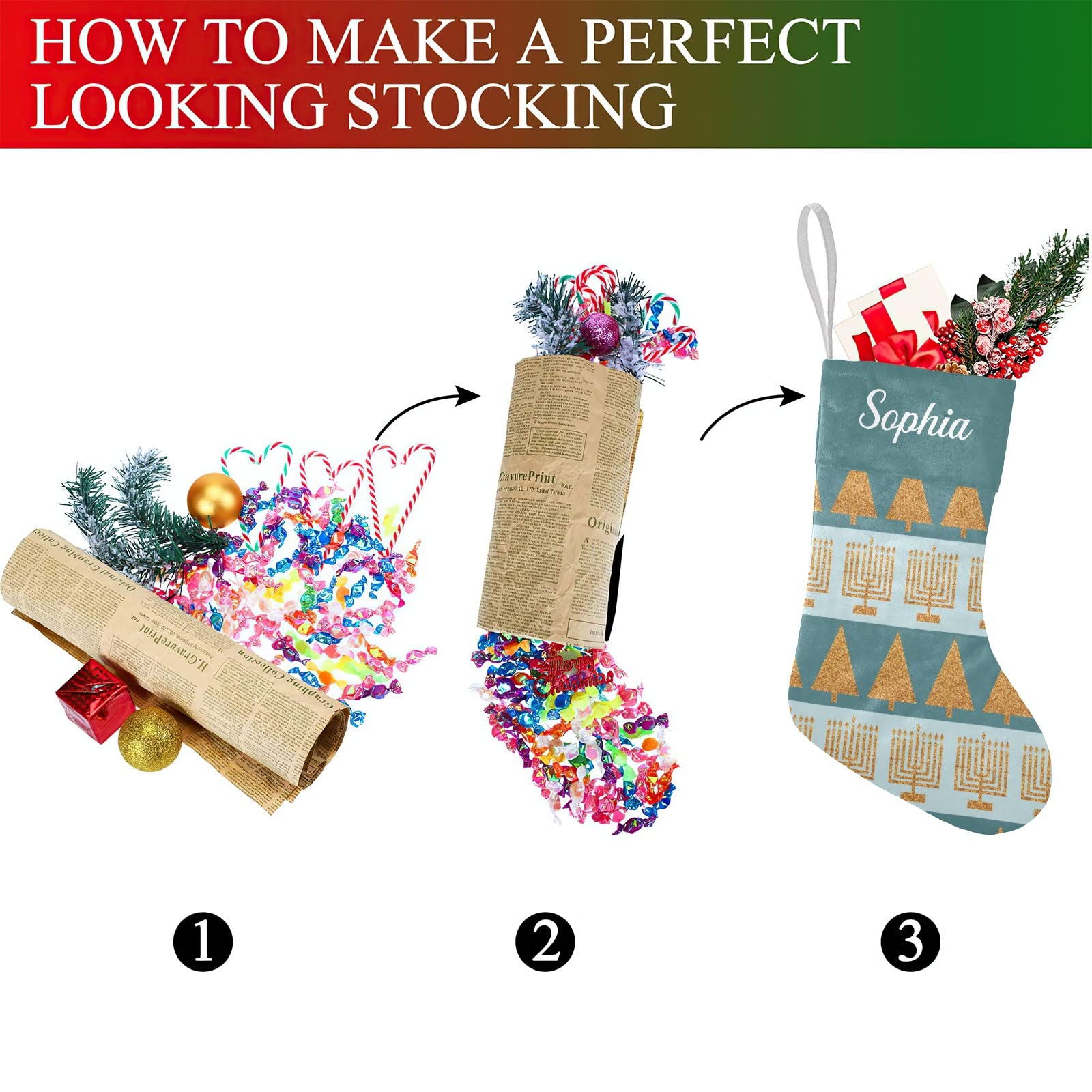 SunFancyCustom Personalized Merry Gold Holiday Stripes Pattern Custom Family Xmas Stockings with Name for Home Christmas Party O