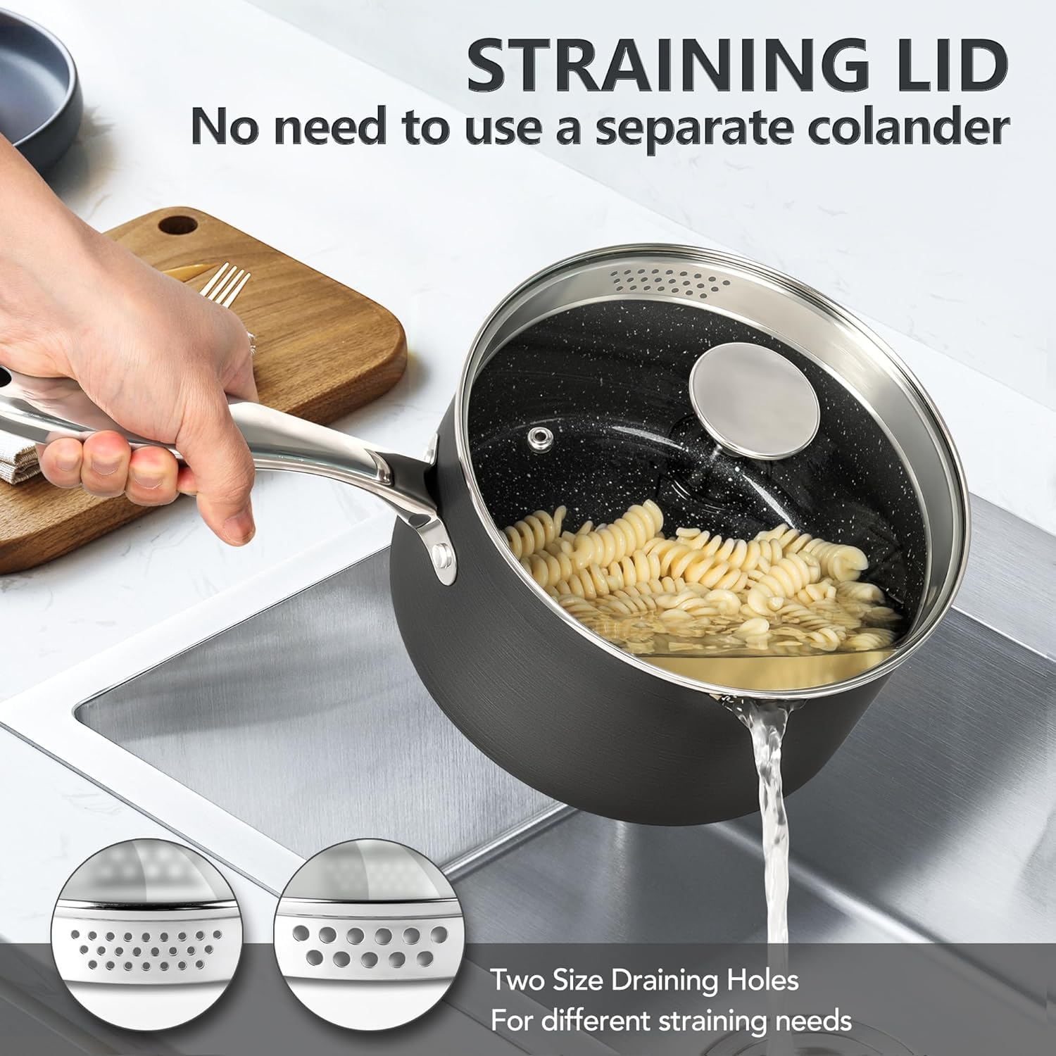 Michelangelo 3 Quart Saucepan With Lid, Hard Anodized Nonstick Sauce Pan With Strainer Lid & Pour Spouts For Easy Pour, Granite