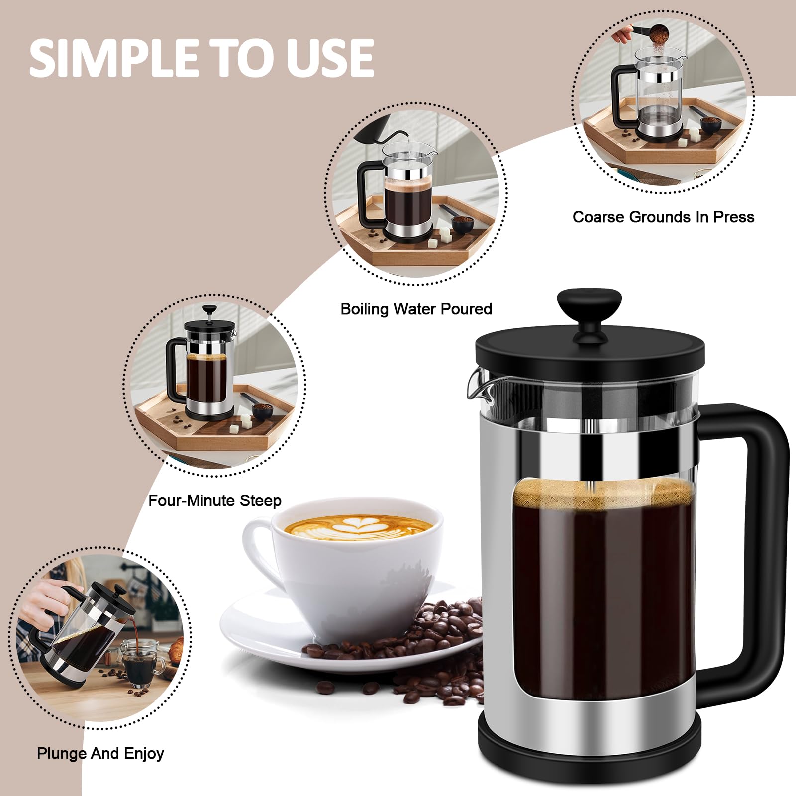 Rainbean French Press Coffee Maker 12 Oz, Mini Coffee Press 1 Cup, Single Serve French Press, With 3 Filterations, Heat Resistan