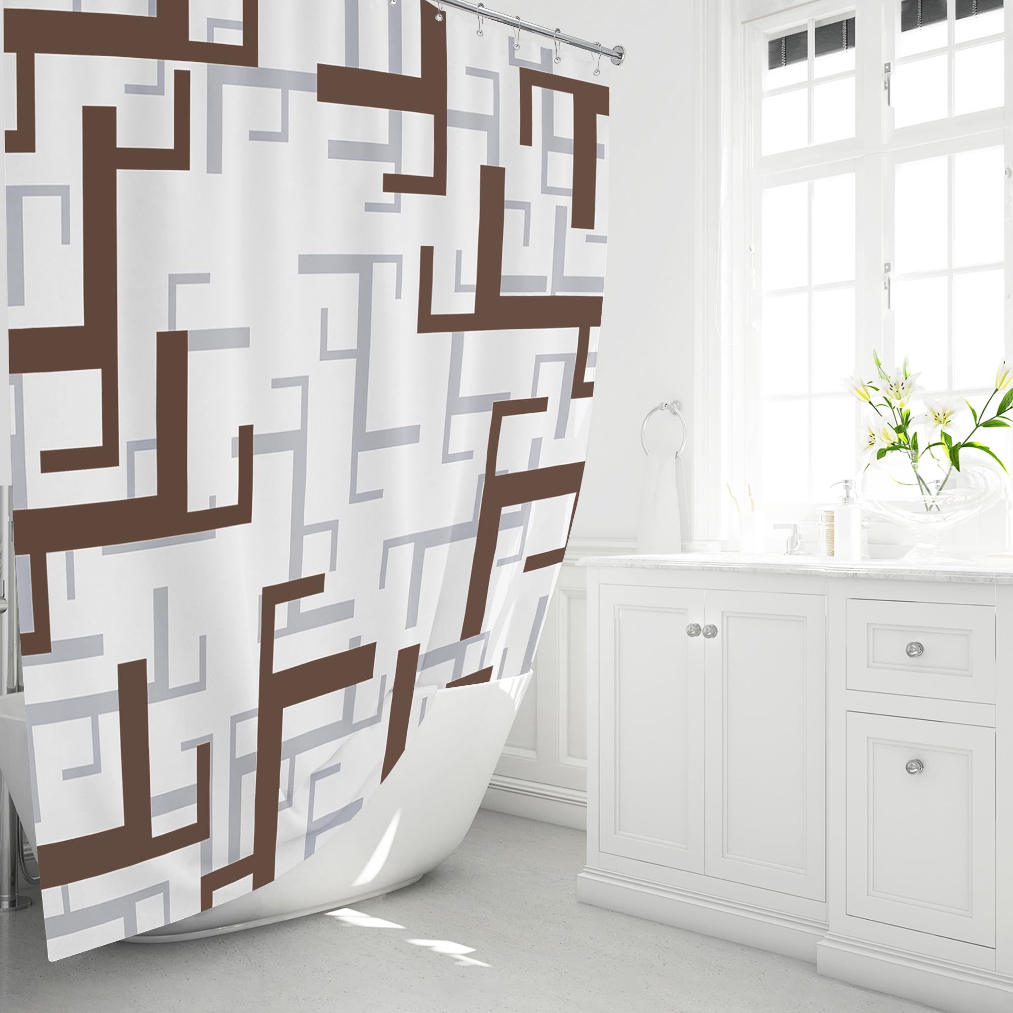 BTTN Extra Long Fabric Shower Curtain - 72x84 Inches Long Geometric Fabric Shower Curtain Set with 12 Plastic Hooks  Large Modern Water-Repellent Polyester Cloth Shower Curtains for Bathroom - Brown