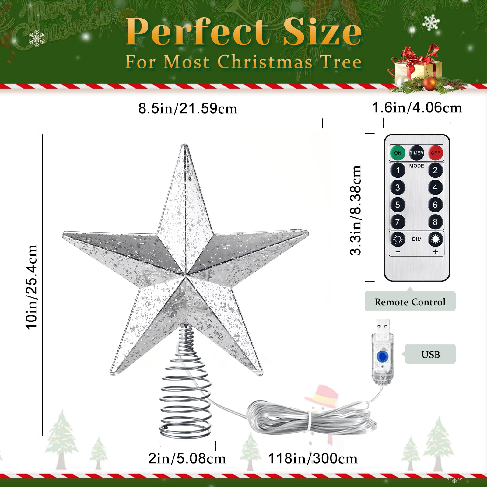 Silver Christmas Tree Star Topper with Lights, 8.5-Inch Light-Up Christmas Tree Topper with Remote Control, 4 Brightness Levels