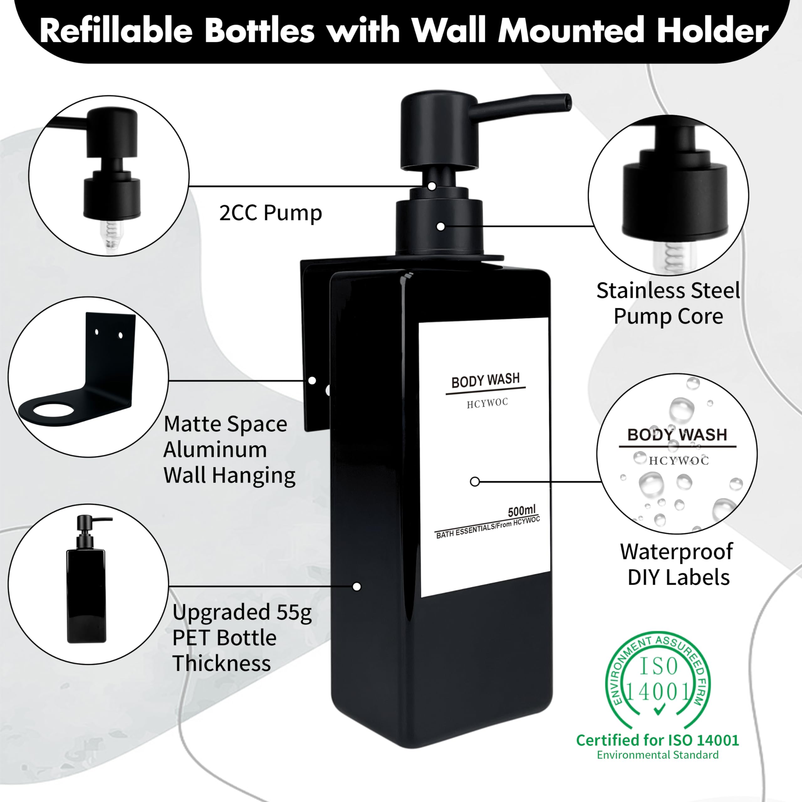 Hcywoc Shampoo Dispenser For Shower Wall, Shampoo And Conditioner Dispenser With 16 Waterproof Labels, No Drill Shower Soap Disp