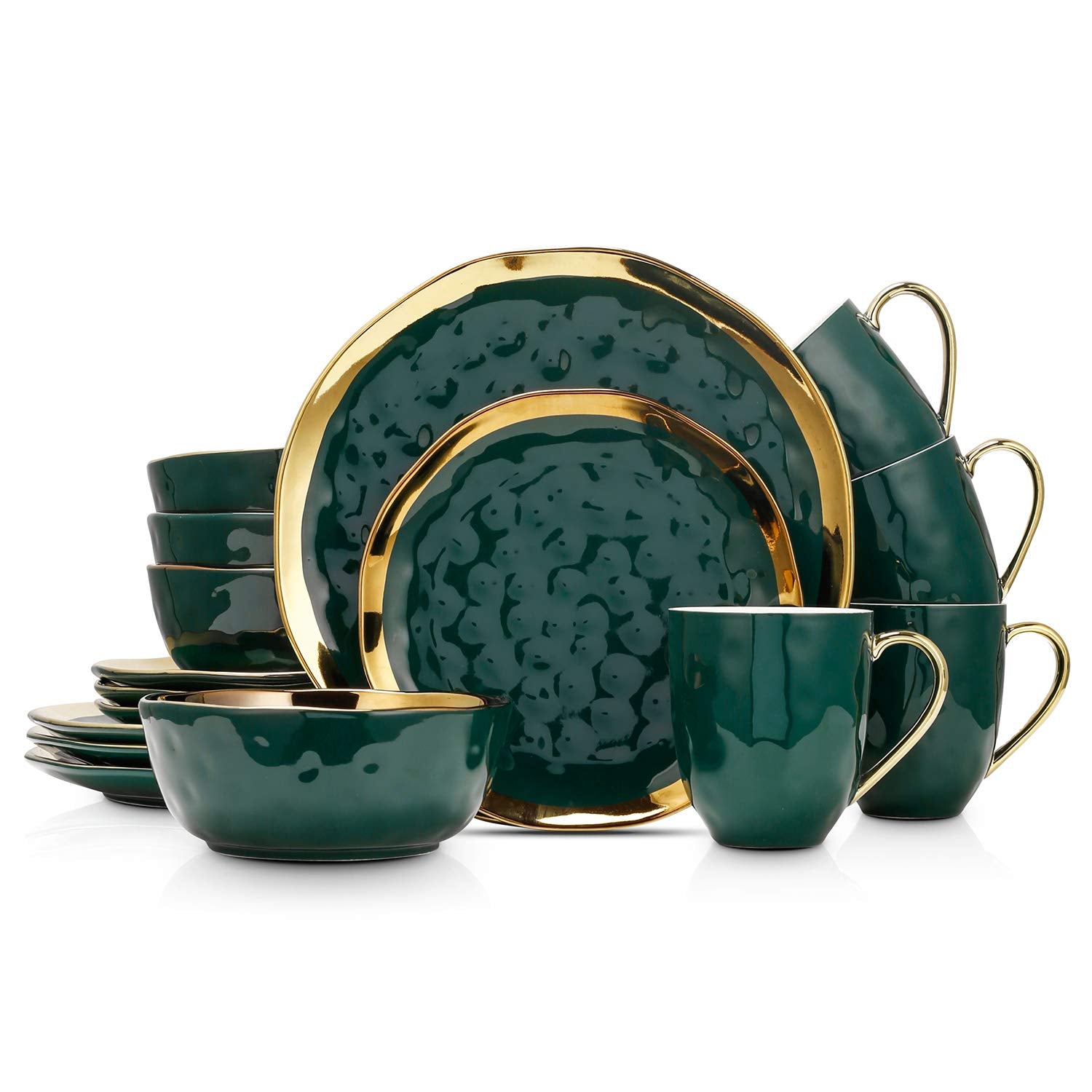 Stone Lain Florian Modern Porcelain 16 Piece Dinnerware Set, Plates and Bowls Set, Dish set for 4, Green and Golden Rim