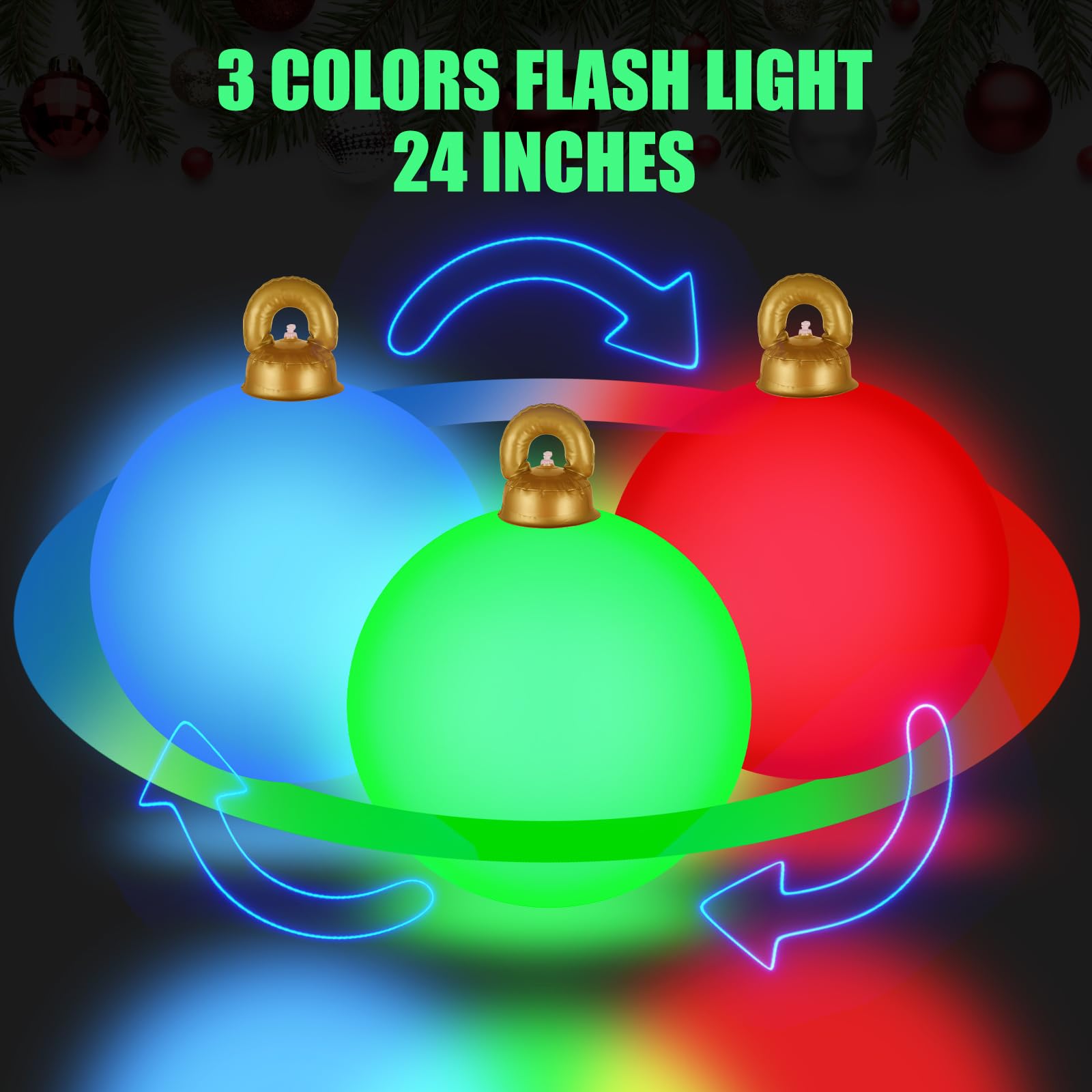 [Light up] Inflatable Ornaments Balls Outdoor 4Pcs: Flashes in Red | Green | Blue and Timer, 24 Inch Giant Christmas Inflatable