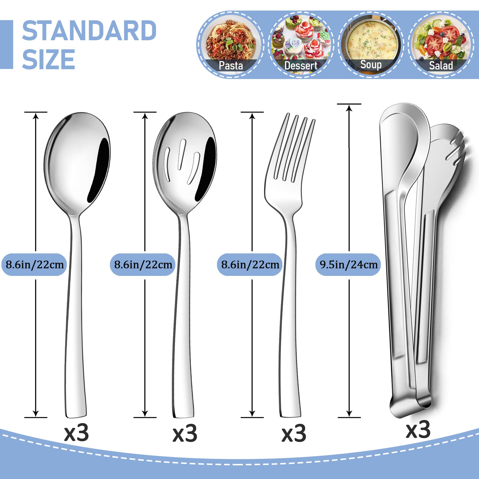 Lianyu 12 Piece Serving Utensils, Stainless Steel Serving Spoons Set, Include 3 Serving Spoons, 3 Slotted Spoons, 3 Serving Fork