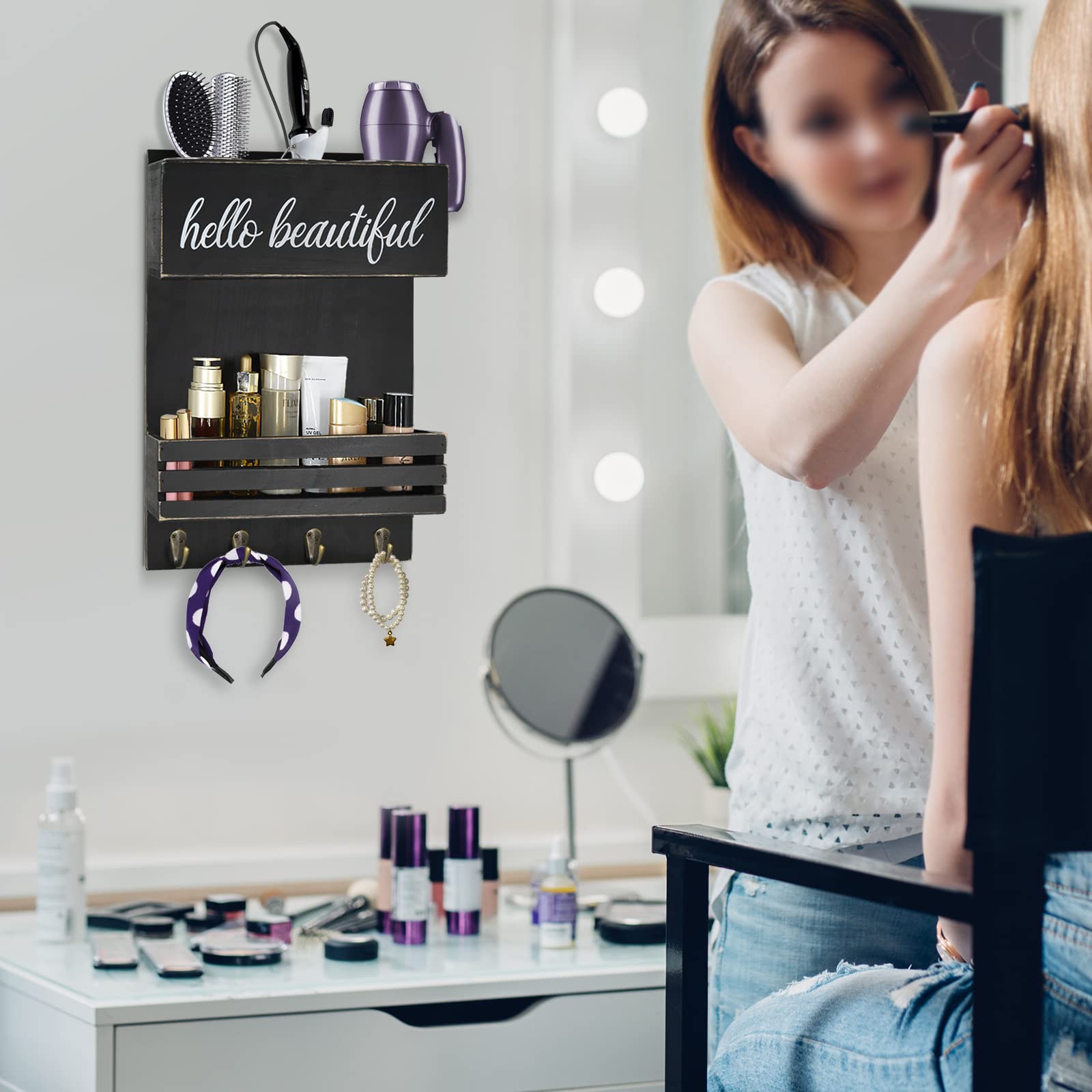 Black Hair Tool Organizer Wall Mount, Two Tiered Hair Dryer Holder Wall Mounted, Bathroom Hair Care And Styling Tool Organizer F