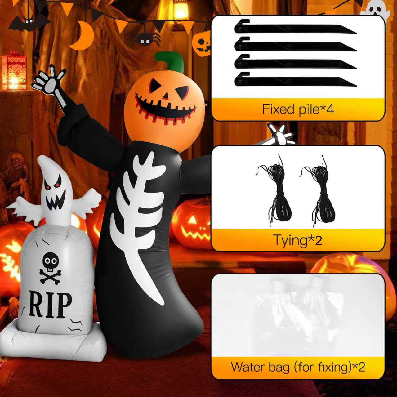 8FT Halloween Inflatable Outdoor Decoration Pumpkin Skeleton with Ghost Decorations LED Lights Built-in Blow Up Garden Lawn Yard