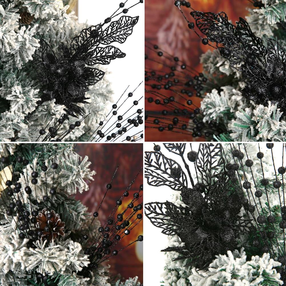 ROSELEAF 28 Pack Black Christmas Tree Ornaments, Artificial Glitter Berry and Flowers Stem Branches Picks for Halloween Xmas Tre