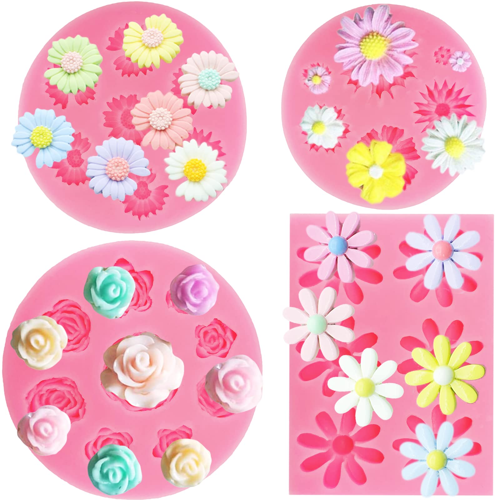 4Pcs Rose Flower Silicone Molds Daisy Chrysanthemum Silicone Molds Small Flower Shapes Fondant Cake Chocolate Molds Polymer Clay