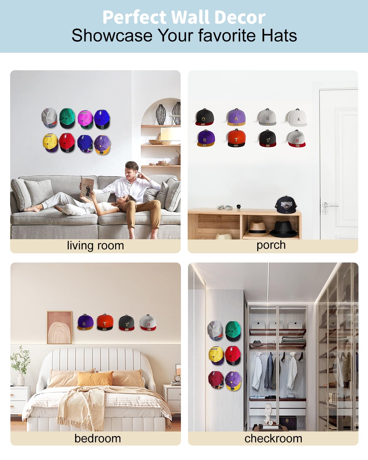 Mskei Adhesive Hat Hooks For Wall - 2 Different Ways Hat Racks To Organize & Display Baseball Caps, Hat Wall Hanger, Hat Organiz