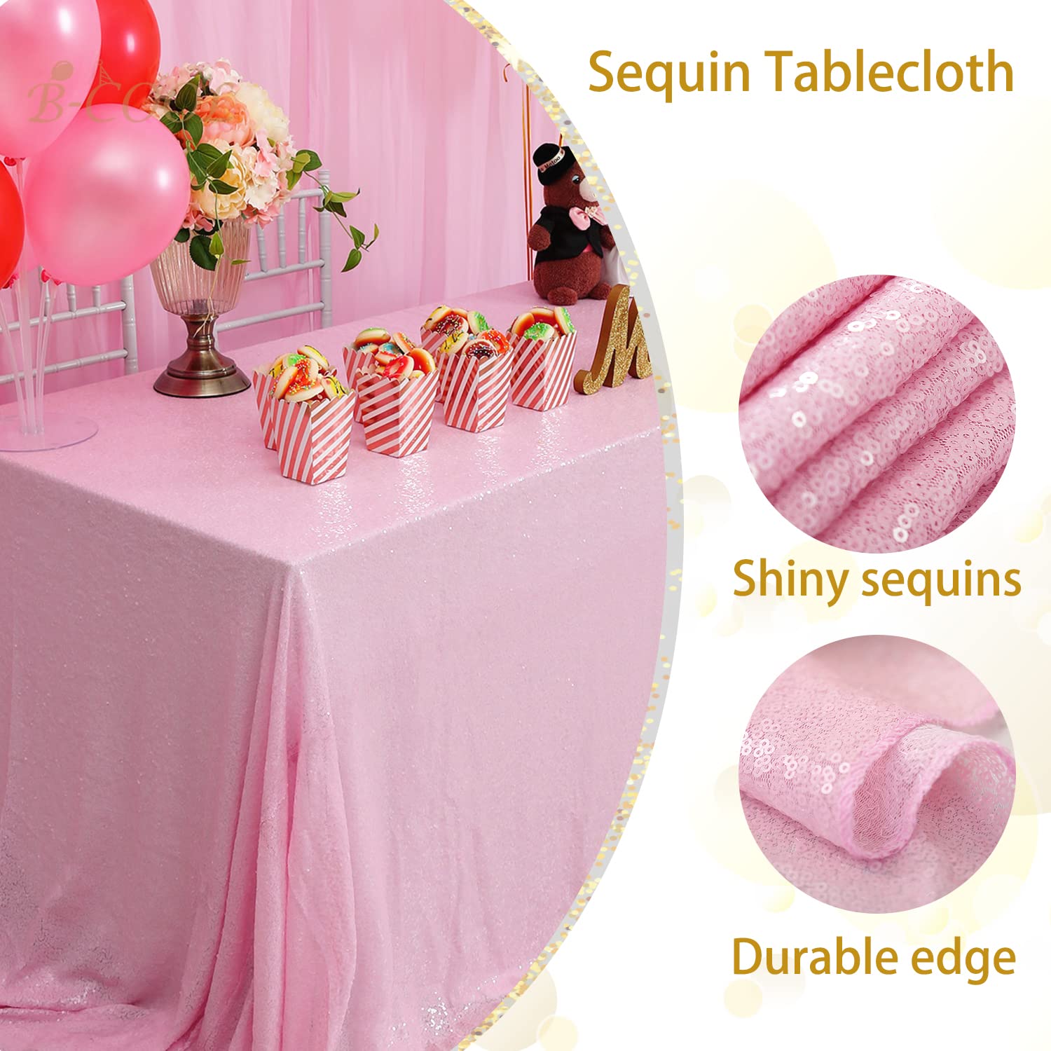 B-COOL Shimmer Tablecloth Pink Sequin Tablecloth Wedding Glitter Overlay 90x132 Inch Valentines Day Tablecloths Christmas Rectan