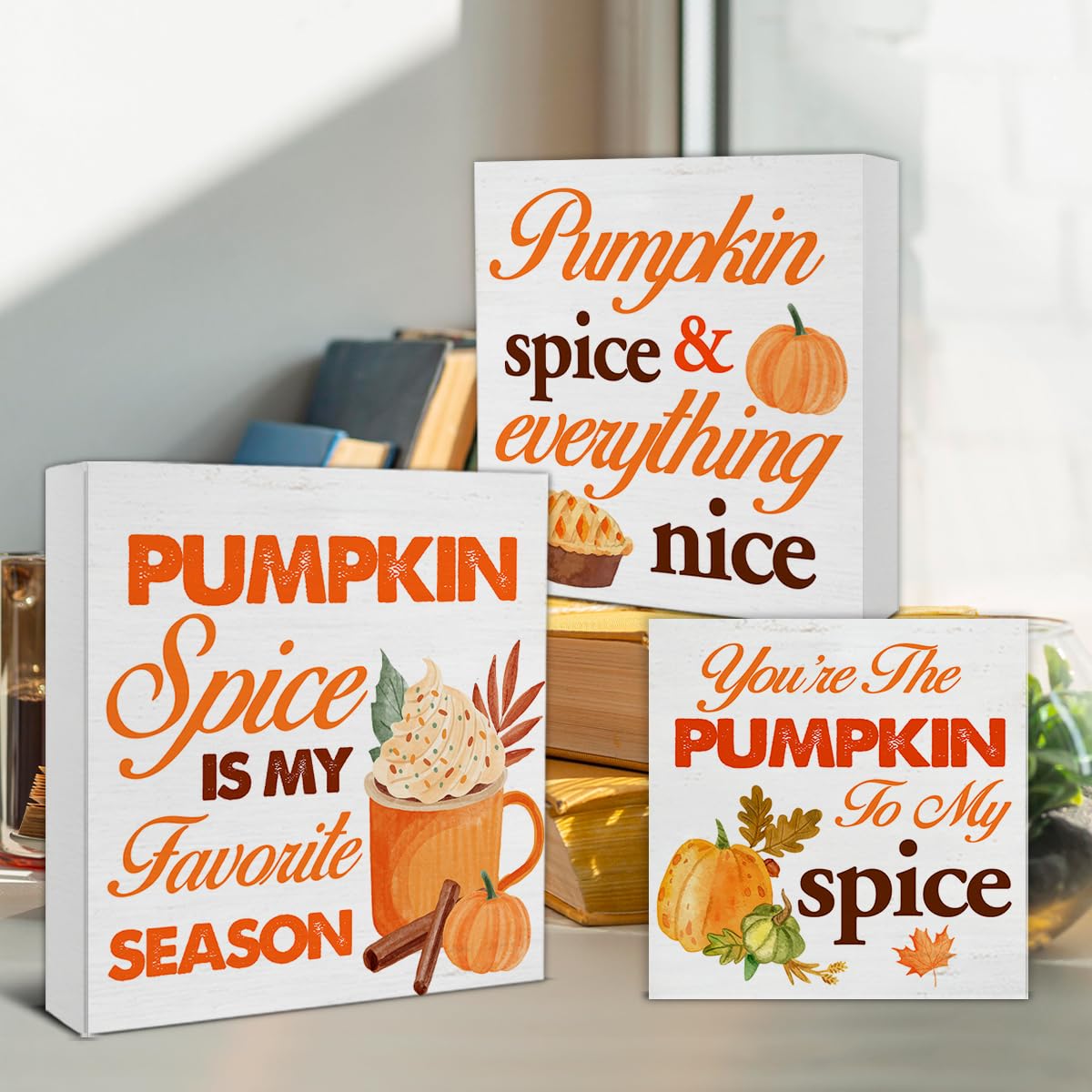 Fall Wood Signs Decor Rustic Fall Pumpkin Spice Wooden Blocks Signs for Autumn Tiered Tray Table Desk Shelf Decor Set of 3