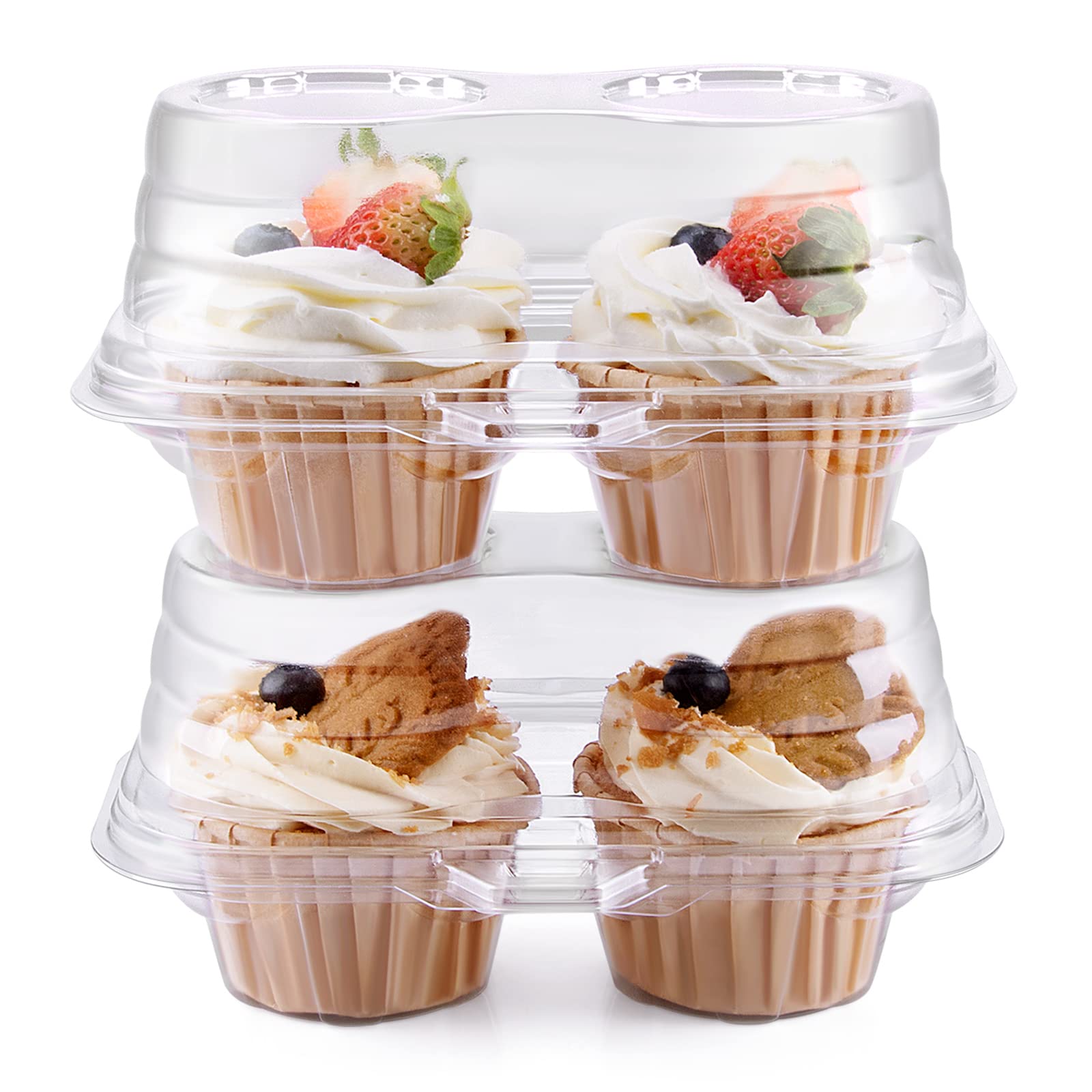 Himetsuya 2 Cavity Cupcake Boxes-Stackable Regular Cupcake Carrier Holder, Thicker Clear Cupcake Boxes, Non-Slip High Topping Cu