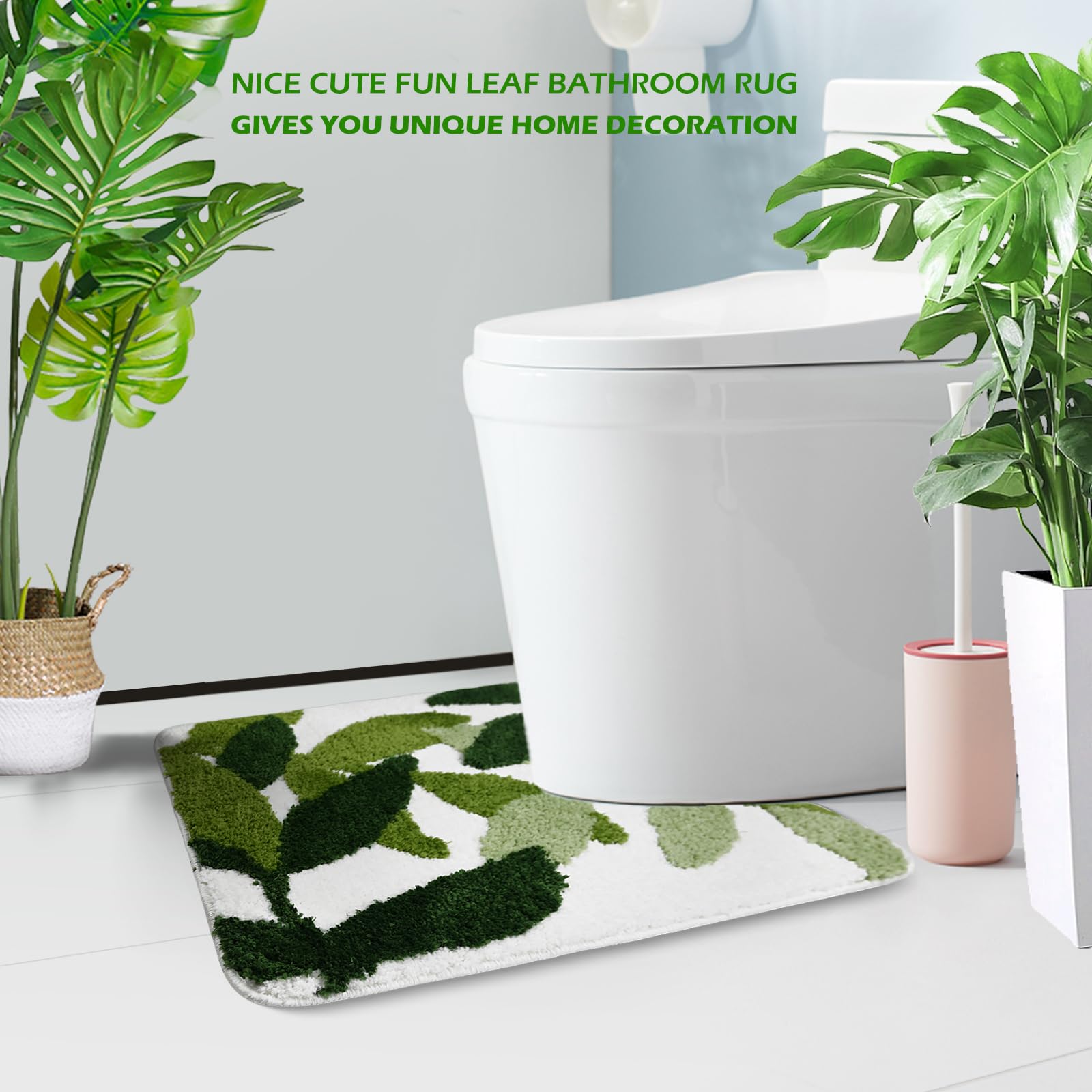 Baahrnom Tufted Toilet Rug 24'' X 24'' Green Toilet Rugs U Shaped Machine Washable Cute Leaves Toilet Bath Mat Soft Non Slip