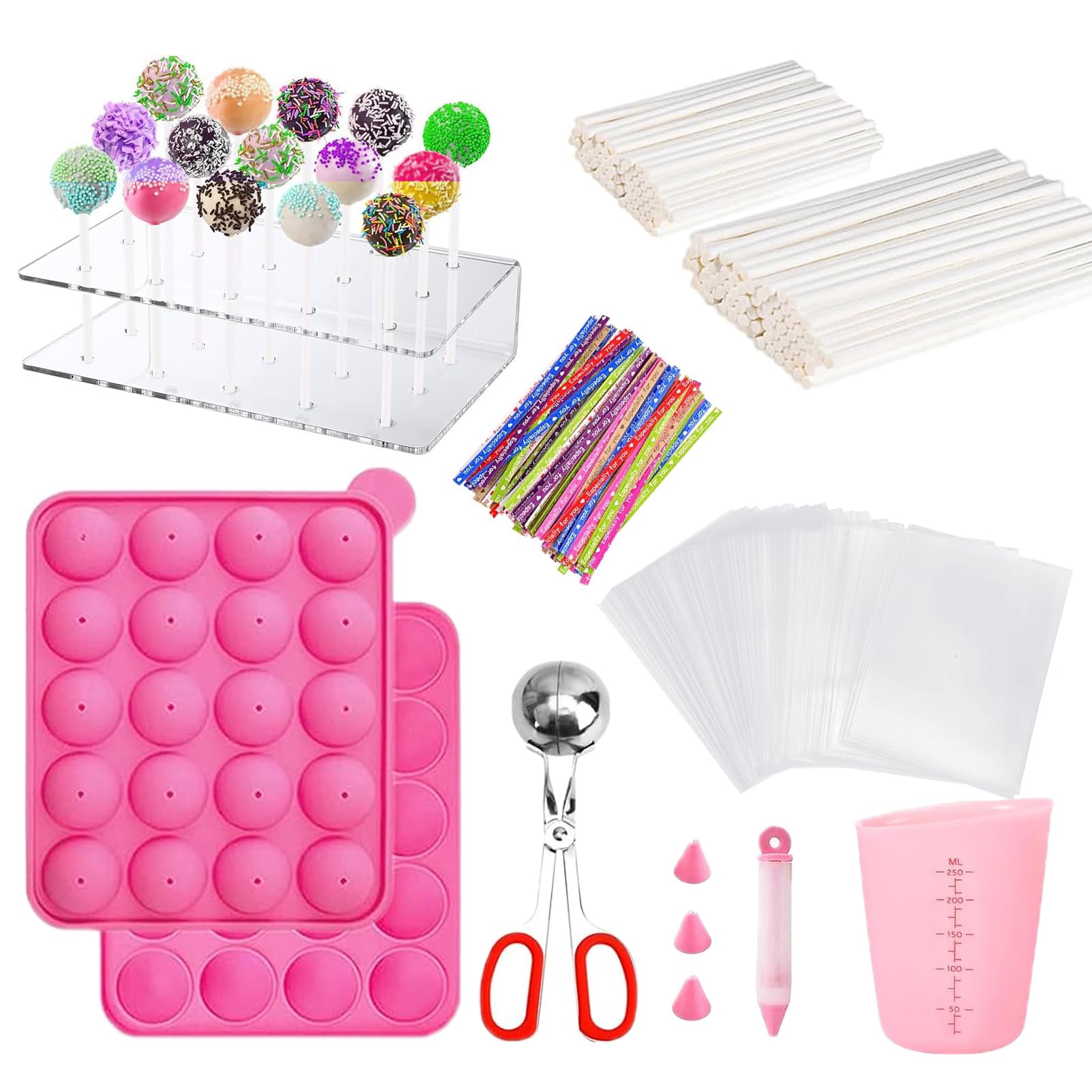 606Pcs Cake Pop Kit,Silicone Lollipop Molds Including Lollipop Sticks,Measuring Cup,Treat Bags,Twist Ties,Decorating Pen,Meat Ba