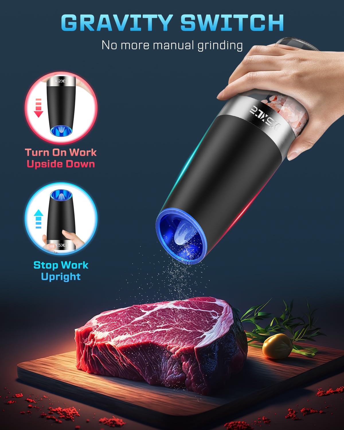 XinXu Gravity Electric Pepper and Salt Grinder Set, Adjustable Coarseness, with LED Light, One Hand Automatic Operation (Set/Cor
