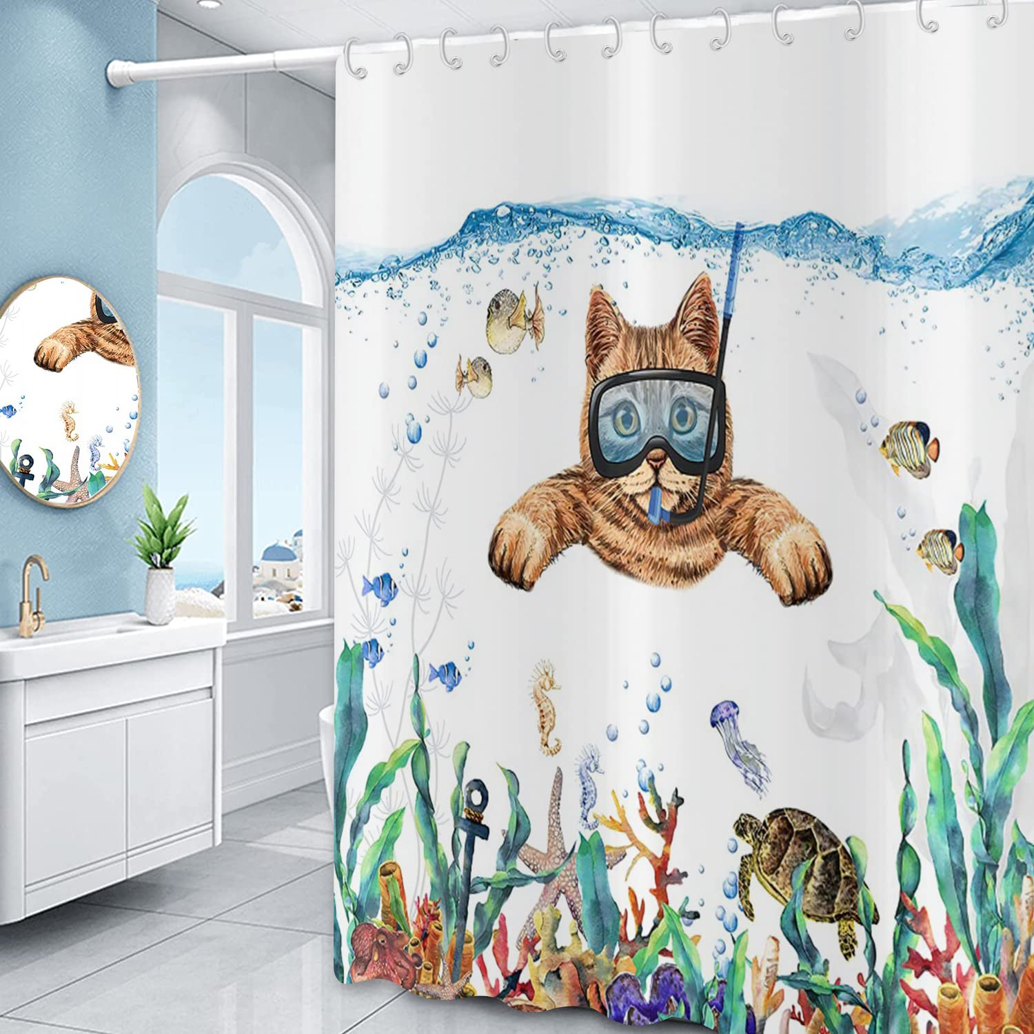 Funny Cat Shower Curtain, Cute Kitten Swimming In Teal Blue Ocean Sea Turtle Tropical Fish Jellyfish Starfish Coral Bathroom Cur