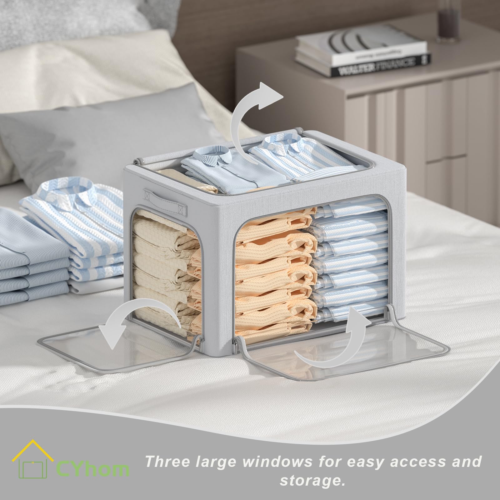 3 Openings Clothes Storage Bins Box - 3Pack Stackable Foldable Storage Bin - Metal Frame Storage Box Clothing Storage Organizer