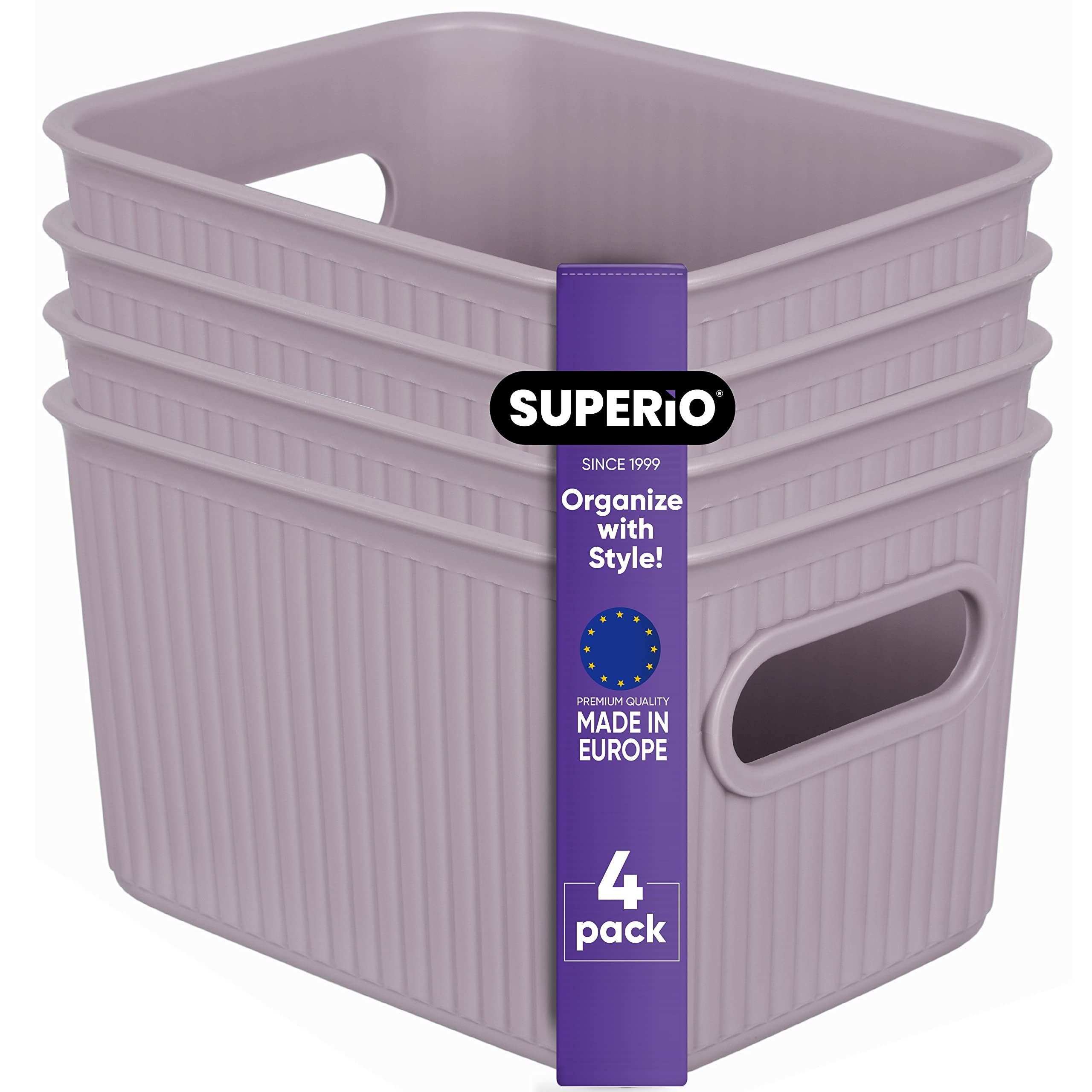 Superio Ribbed Collection - Decorative Plastic Open Home Storage Bins Organizer Baskets, Small Lilac Purple (4 Pack) Container B