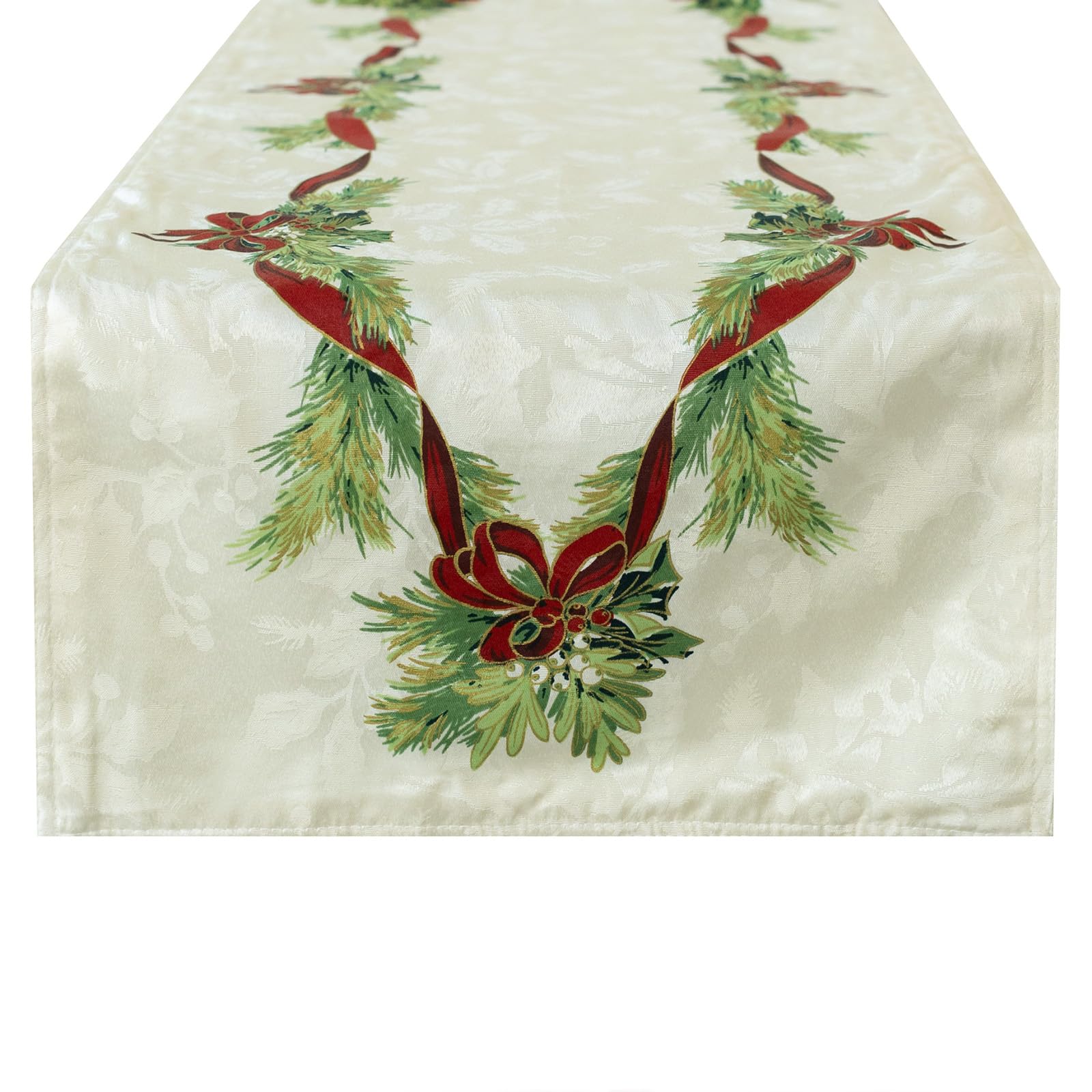 Benson Mills Christmas Ribbons Engineered Printed Fabric Table Runner, Winter, Holiday And Christmas Tablecloth (16'' X 90'' Tab