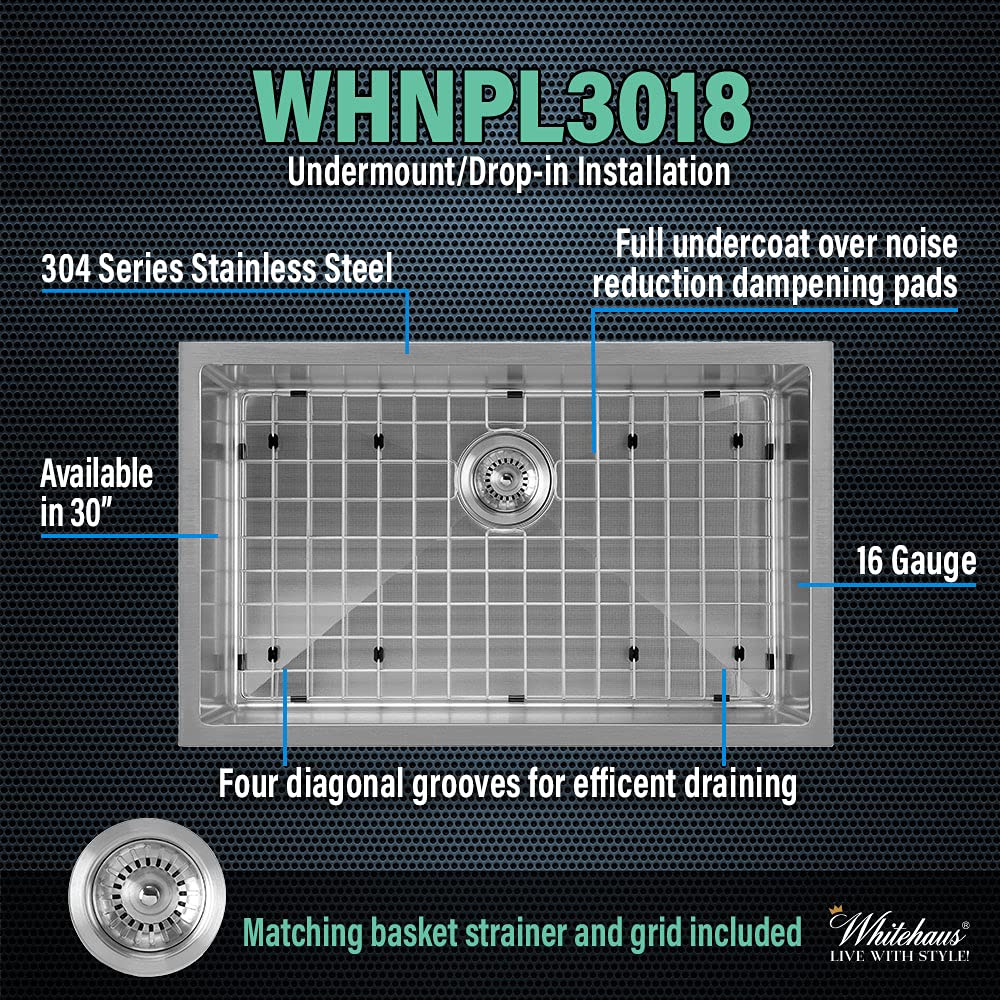 Whitehaus Whnpl3018-Bss Noah Plus Collection Kitchen Sink, Brushed Stainless Steel