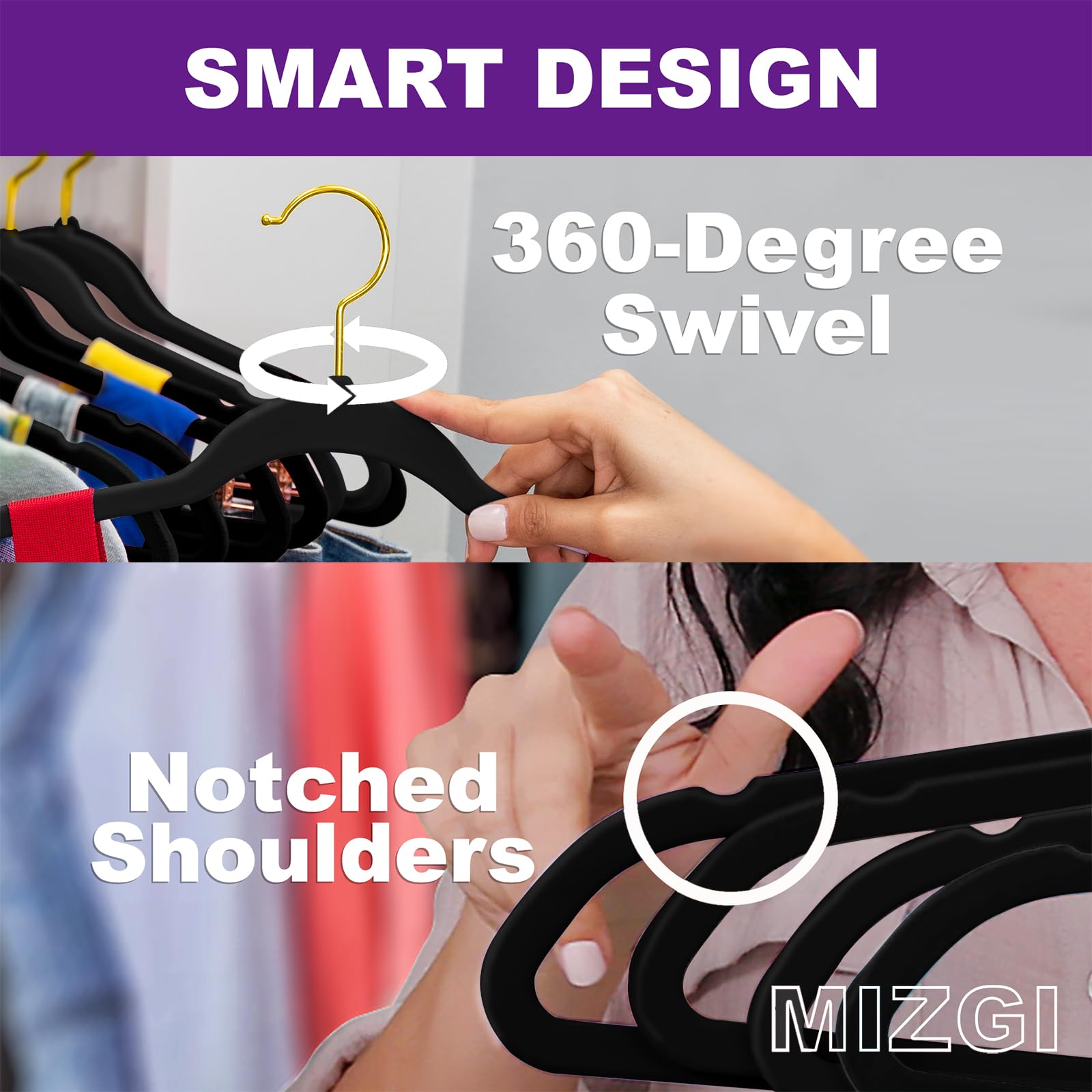 Mizgi Premium Velvet Hangers Pack 40 Pcs Heavy Duty - Non Slip Felt Hangers - Velvet Suit Hangers Black With Gold Hooks,Space Sa
