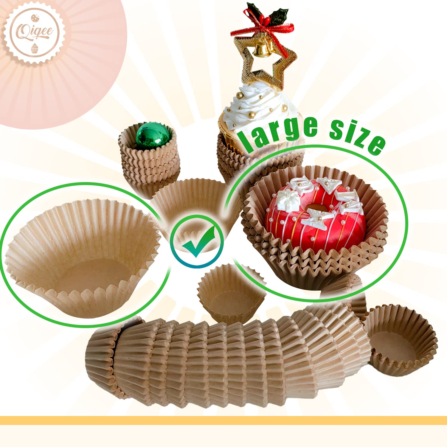 Qiqee 300 Count Jumbo Cupcake Liners Natural Muffin Liners Food Grade Jumbo Size Baking Cups Paper No Smells(Large Size)
