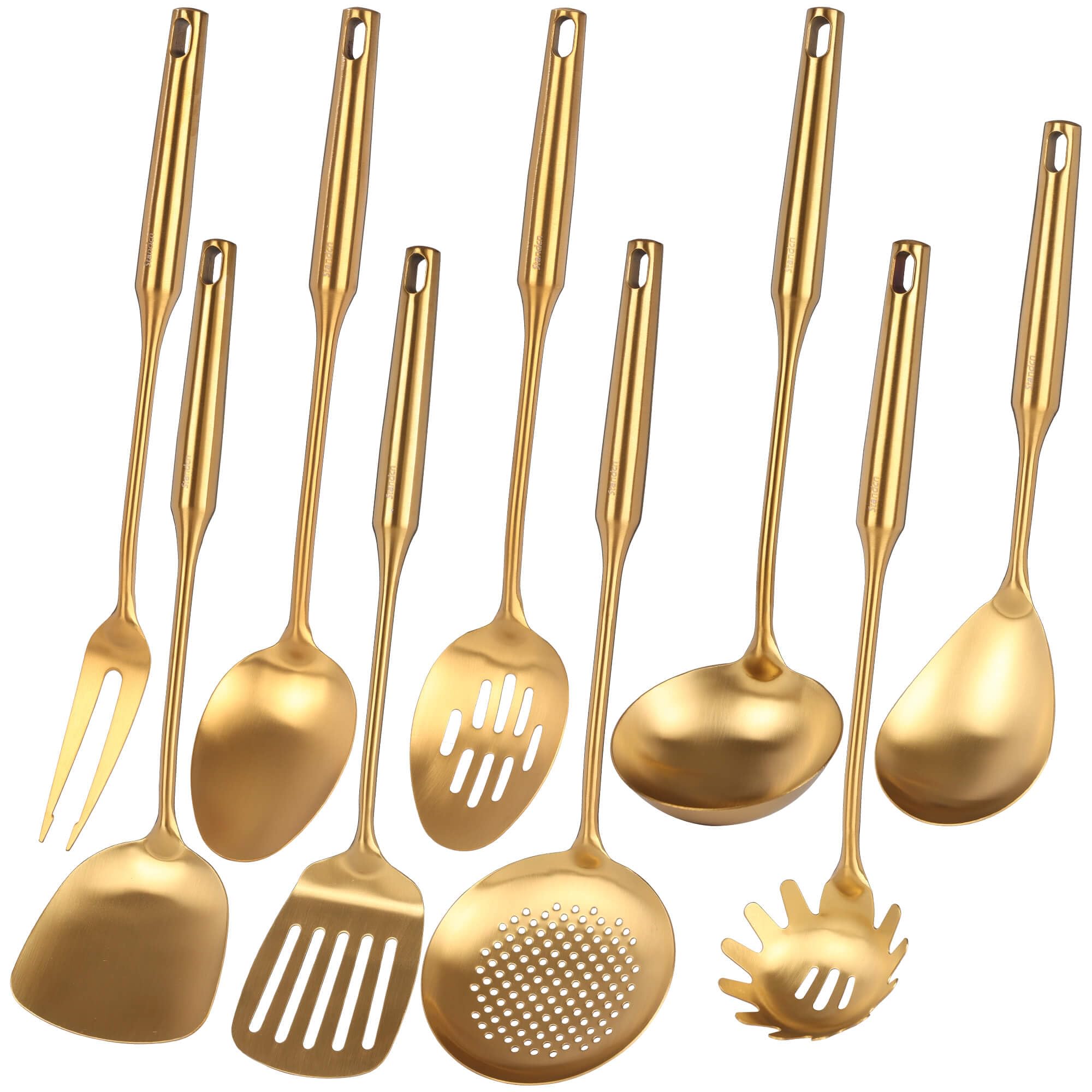 Gold Kitchen Utensils Set - 9 Pcs 304 Stainless Steel All Metal Cooking Tools, 15'' Long Serving Utensils With Fork, Solid/Slott