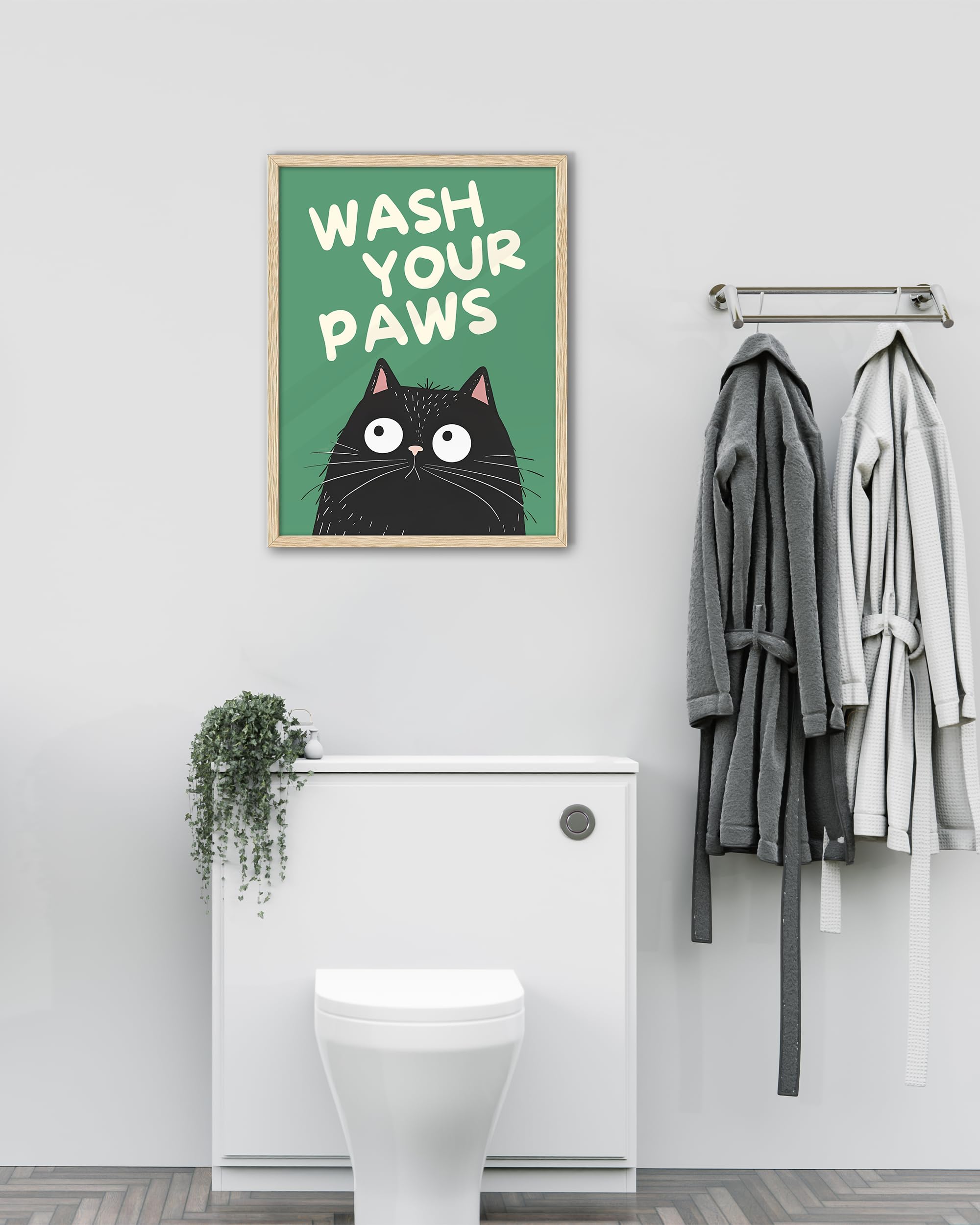 Upwoigh Beige Oak Framed Wall Art Decor, Black Cat Wash Your Paws Funny Wall Art, Waterproof Wood Framed Canvas Wall Art Animals