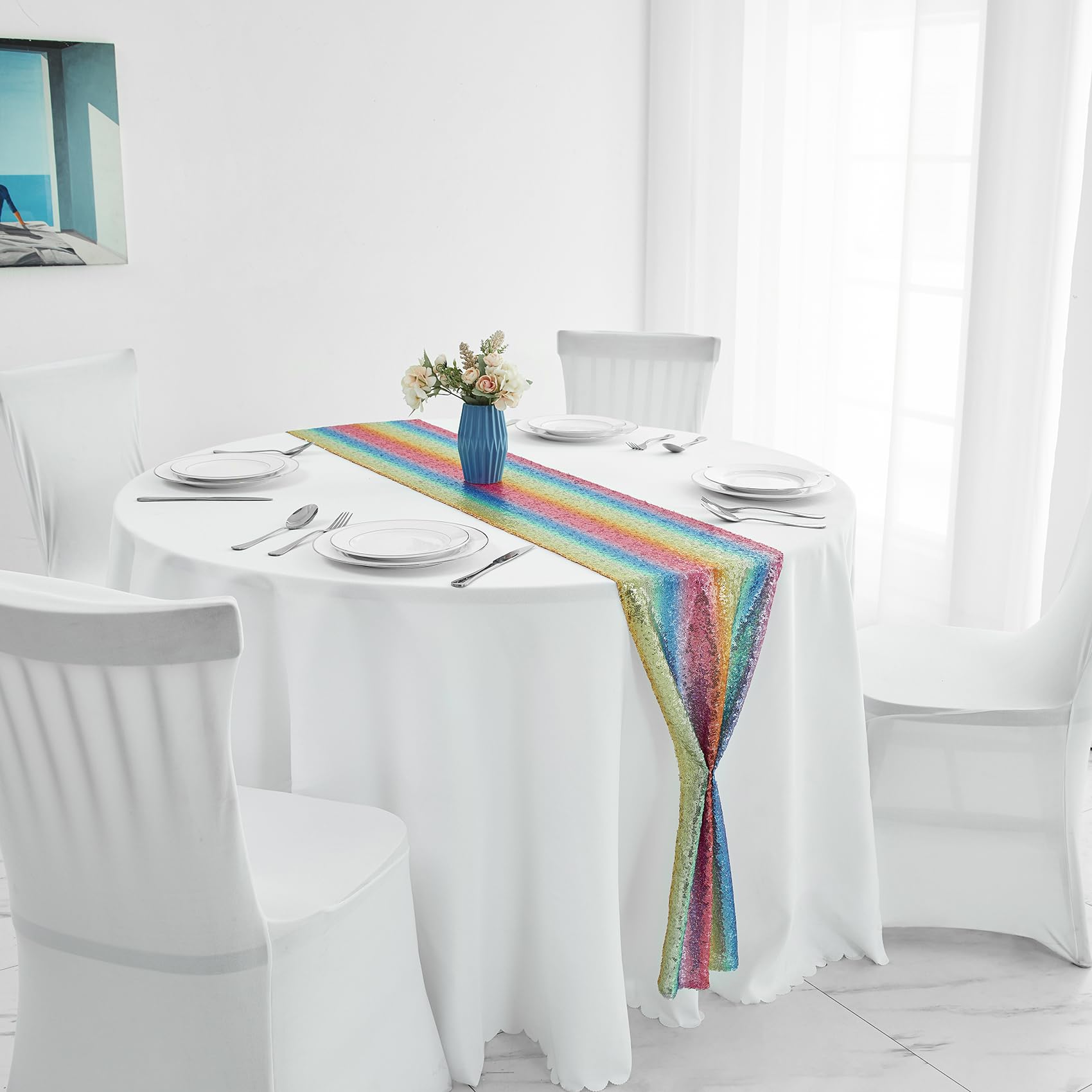 6 Packs 12 X 72 Inches Rainbow Sequin Table Runner, Glitter Runner For Birthday Party Supplies Decorations Wedding Bachelorette