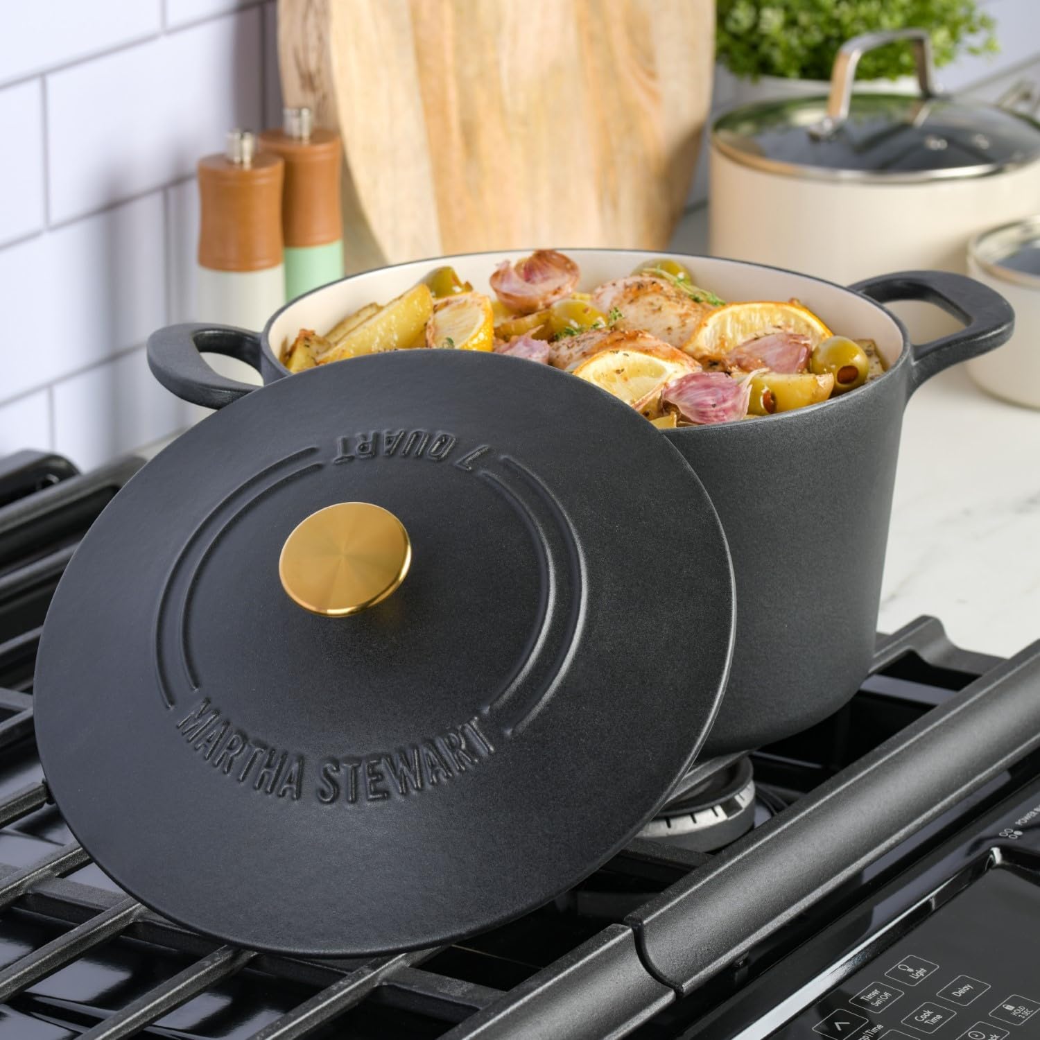 Martha Stewart 7 QT Enamel Cast Iron Dutch Oven, Matte Black, Model 97291.02R, Durable Cookware for Versatile Cooking