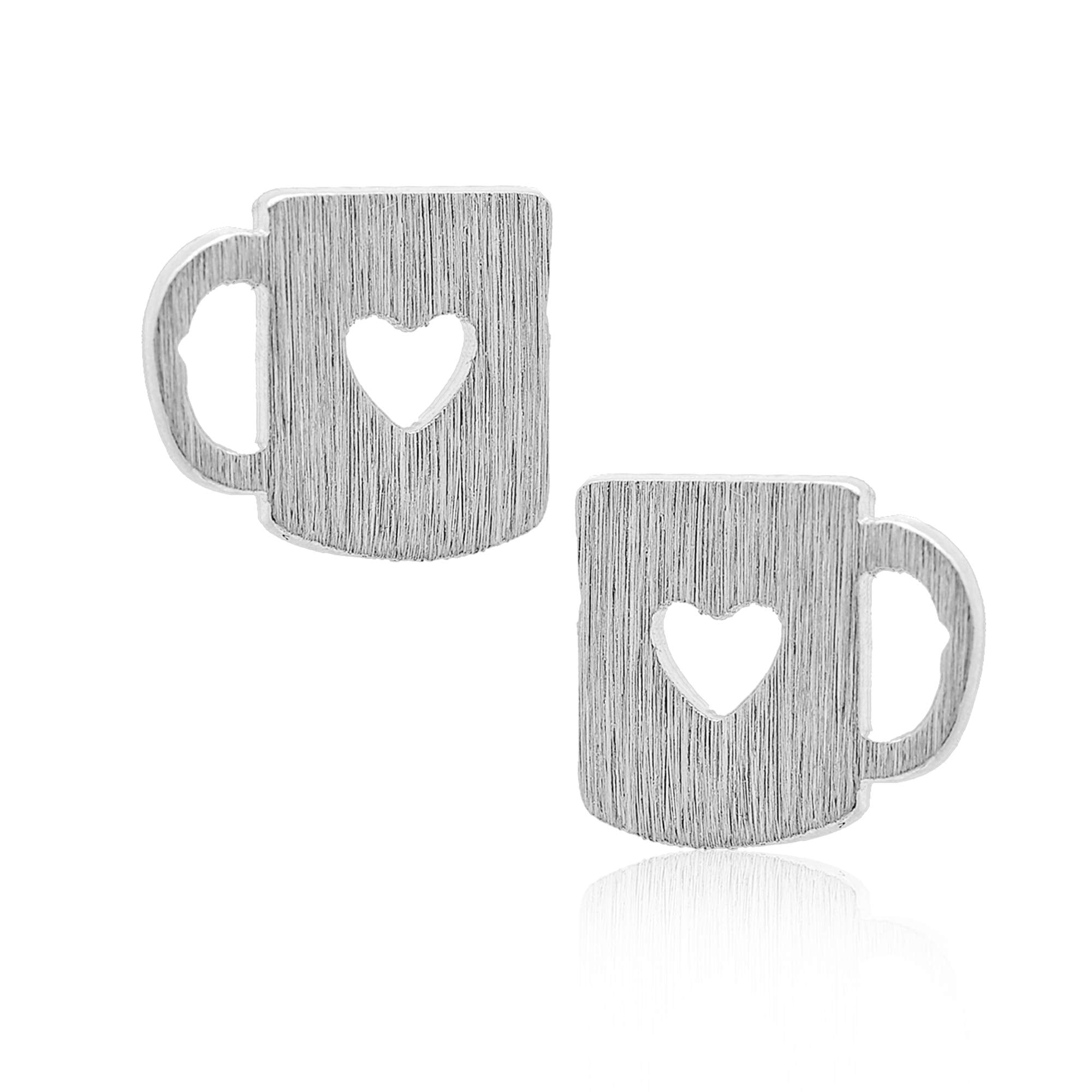 Spinningdaisy Handcrafted Brushed Metal Heart Coffee Mug Earrings Silver