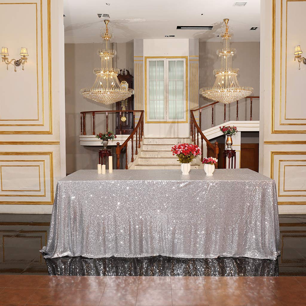 Juya Delight 90'' x 132'' Silver Sequin Rectangle Tablecloth for Wedding Birthday Party Festival Ceremony Cake Dessert Table