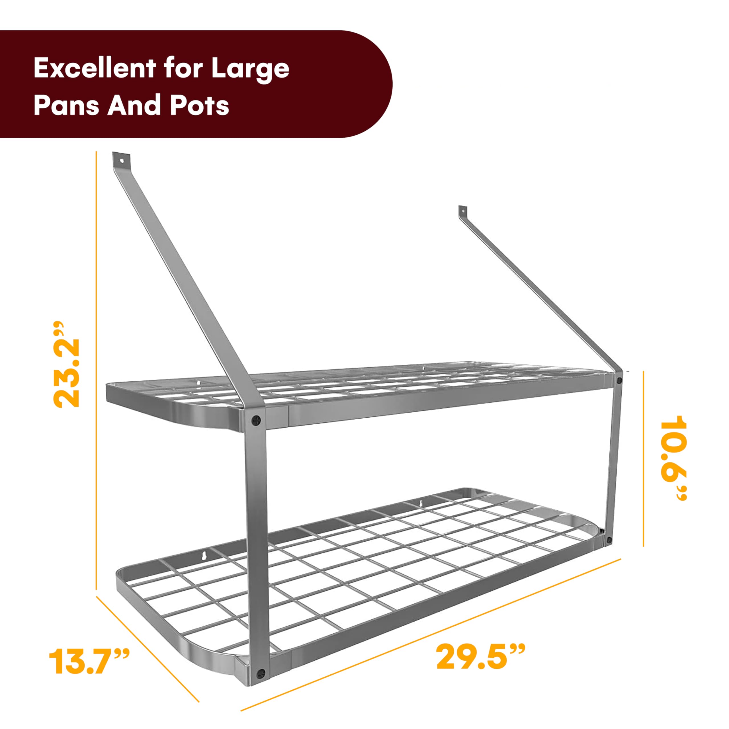 Vdomus Hanging Pot And Pan Rack, 13.7'' Dx29.5 Wx10.6 H - 2-Tier Wall Mounted Kitchen Shelves - Heavy-Duty Cast Iron Cookware An