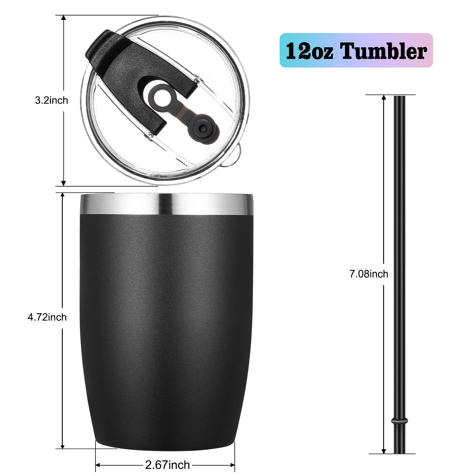 Vegond Stainless Steel 12 Oz Tumblers Bulk Vacuum Insulated Double Wall Travel Tumbler With Lid And Straw Reusable Tumbler, Blac