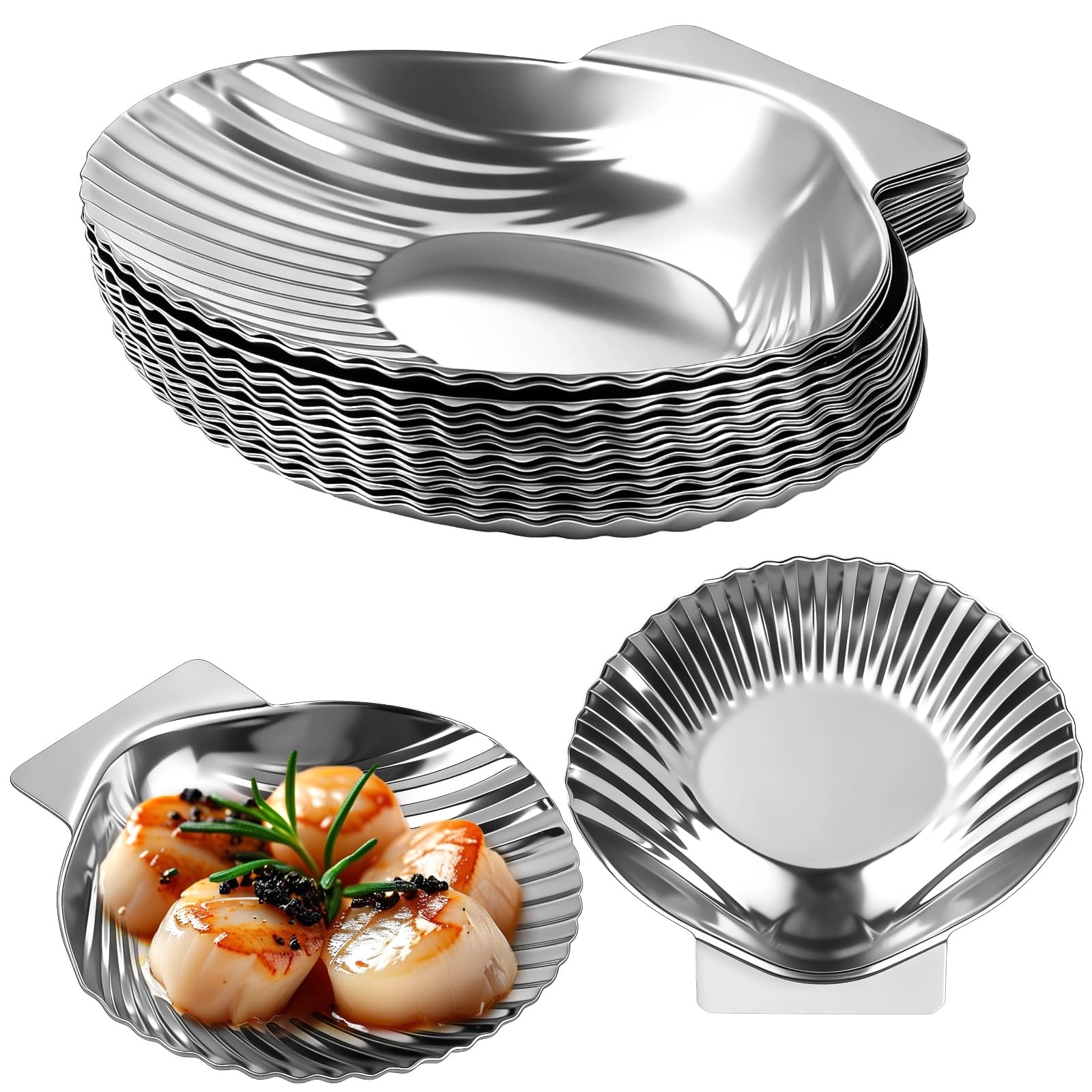 24 PCS Stainless Steel Grillable Scallop Shells, 3.3 x 3.1 in Reusable Metal Seafood Shell Pans for Grilling Baking Broiling, Al