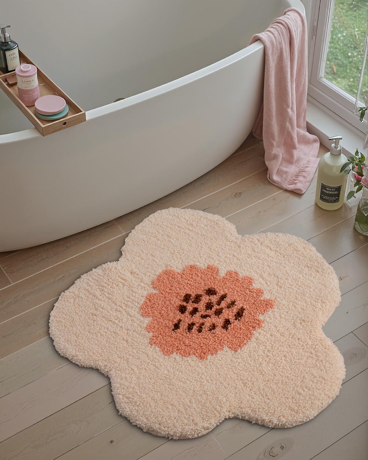 Lumi Cute Bath Mat, Pink Flower Rug, Soft Plush Fluffy Red Bath Mat, Absorbent, Non-Slip For Bathroom, Kitchen Sink, Bedroom, Ki