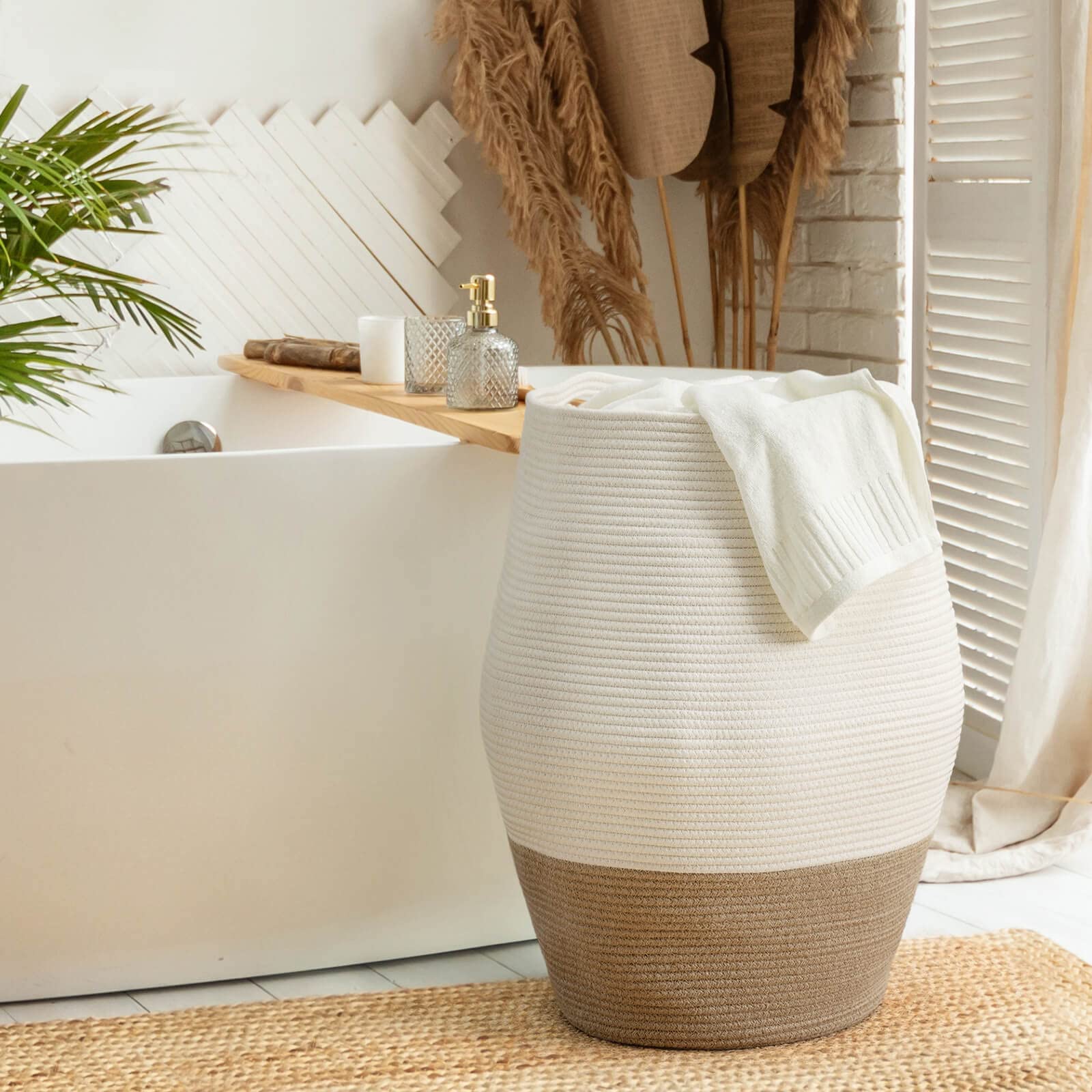 Goodpick Large Laundry Hamper | Tall Wicker Hamper Laundry Basket  Soft Cotton Rope Woven Hamper  Farmhouse Design Graceful Curve Basket 25.6 Inches Height