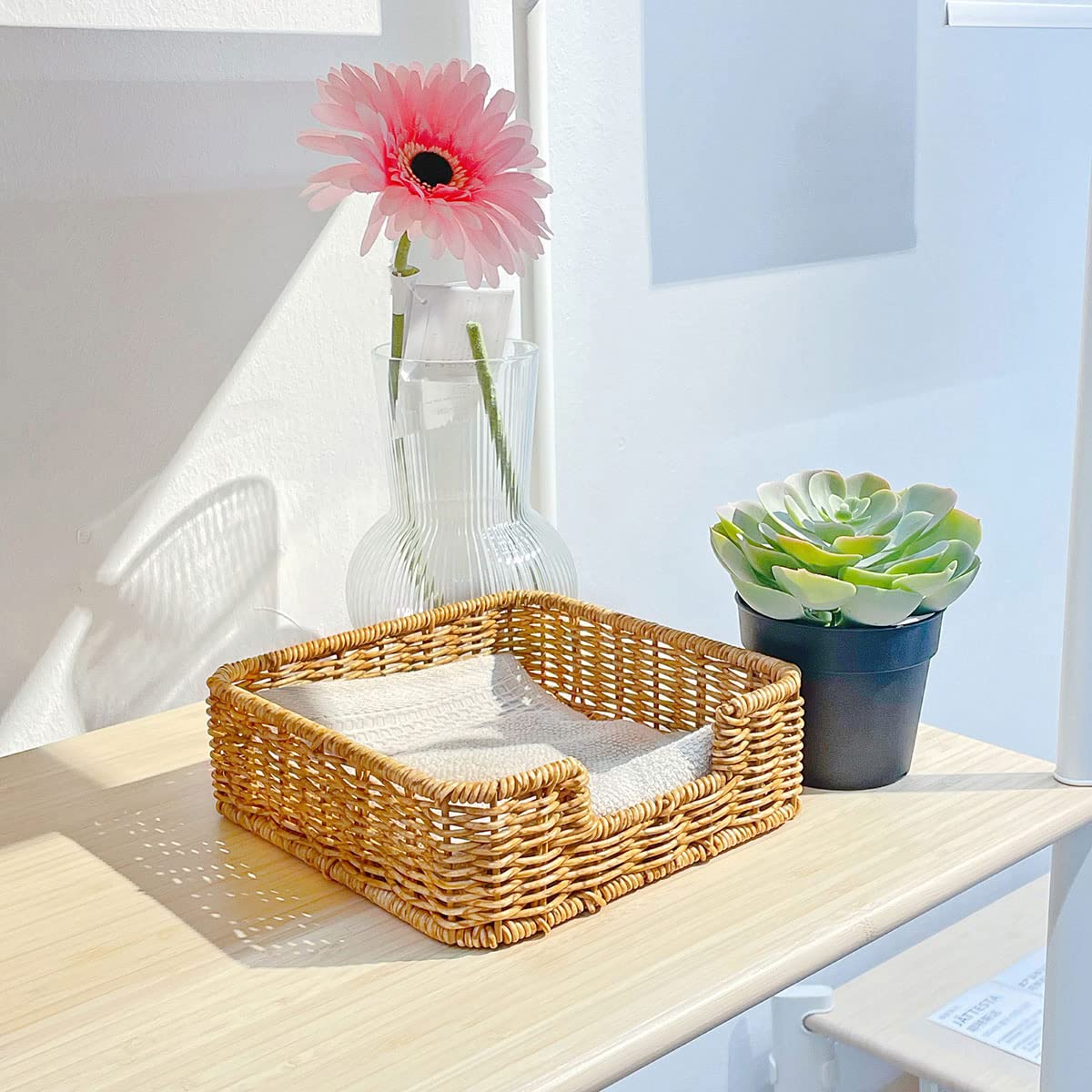 Aevtih Rattan Napkin Holder Woven Guest Towel Holder For Restaurant/Kitchen/Bathroom 7.7'' X 7.7'' X 2.4'' (Dark Yellow)