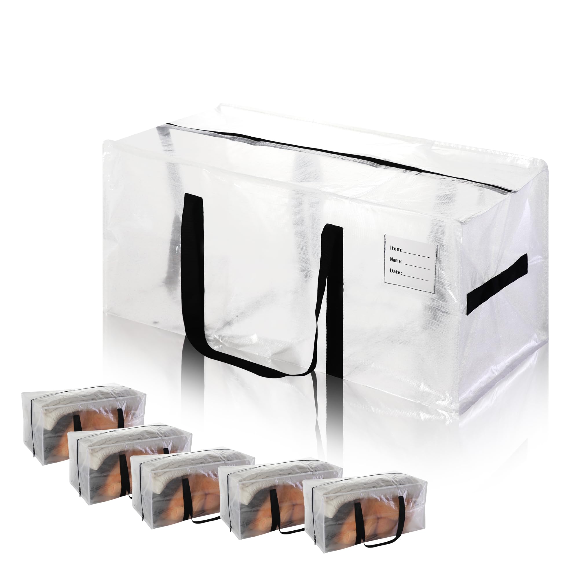 Jcbzamz 6 Pcs Clear Large Moving Bags,Storage Bags With Black Strudy Side Handles &Tag Pocket, 28.7'' X 14.2''X13''Clothes Stora