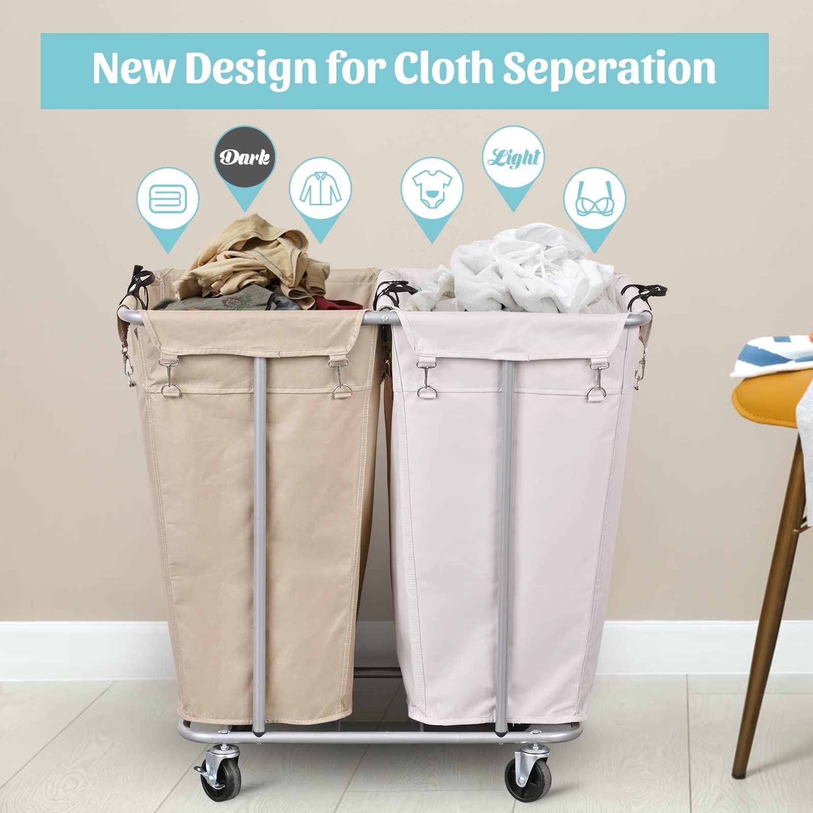Plkow Laundry Cart With Wheels 280L Large Laundry Sorter 2 Section For Commercial/Home, Rolling Laundry Cart With Steel Frame An