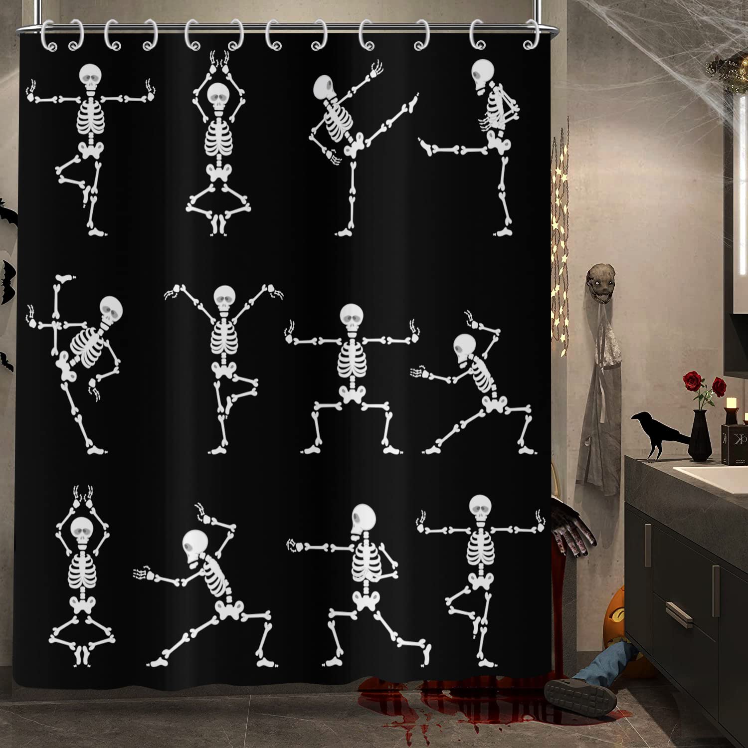 Gcirec Halloween Shower Curtain, Cartoon Funny Skull Skeleton Dancing Bathroom Curtain Halloween Party Retro Bath Curtain Waterp