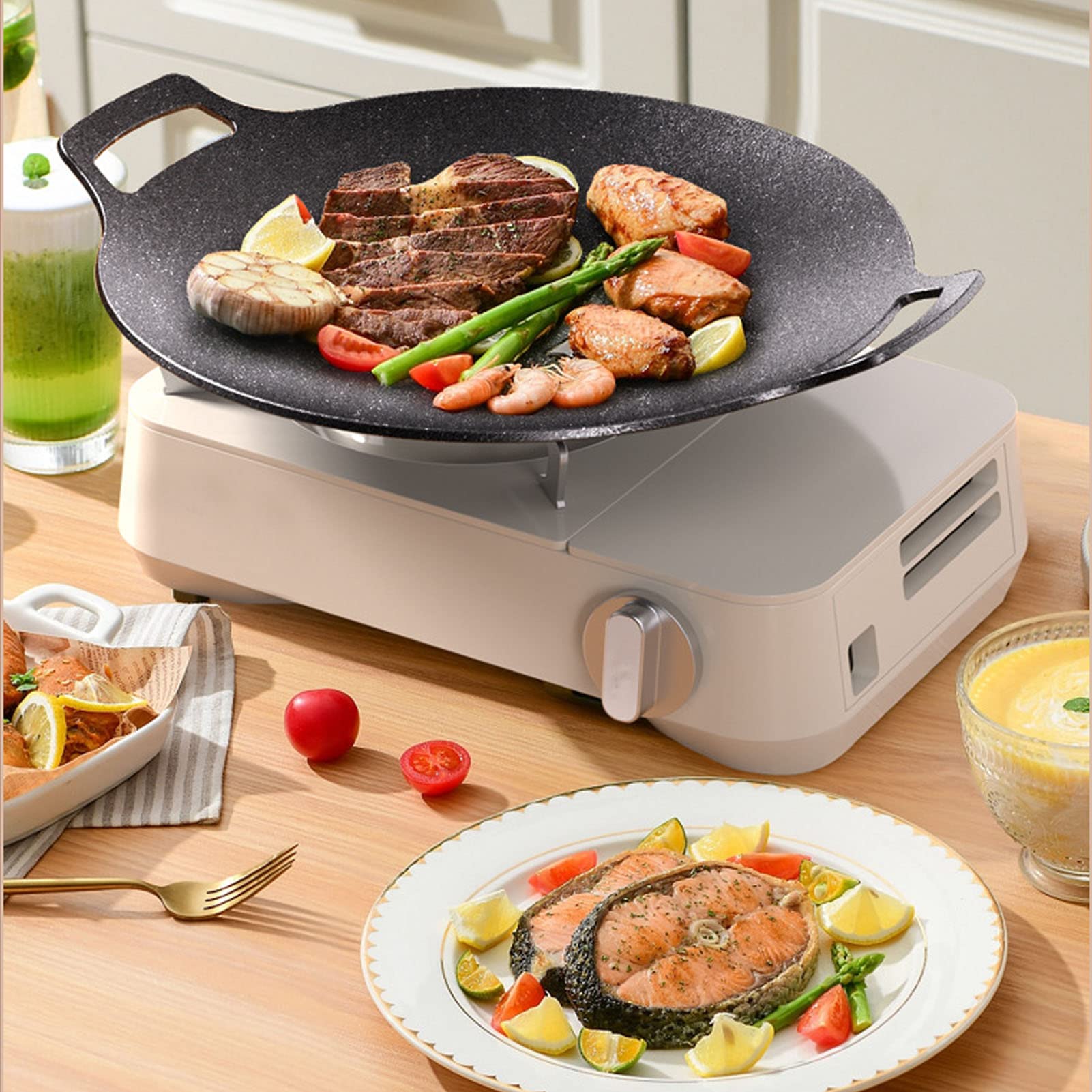 Rwoora Grill Pan,13 Inch Non-Stick Baking Pan+Brush+Dry Cloth,Barbecue Pot Outdoor Camping Grill Plate Fry Pan For Stove Tops &I