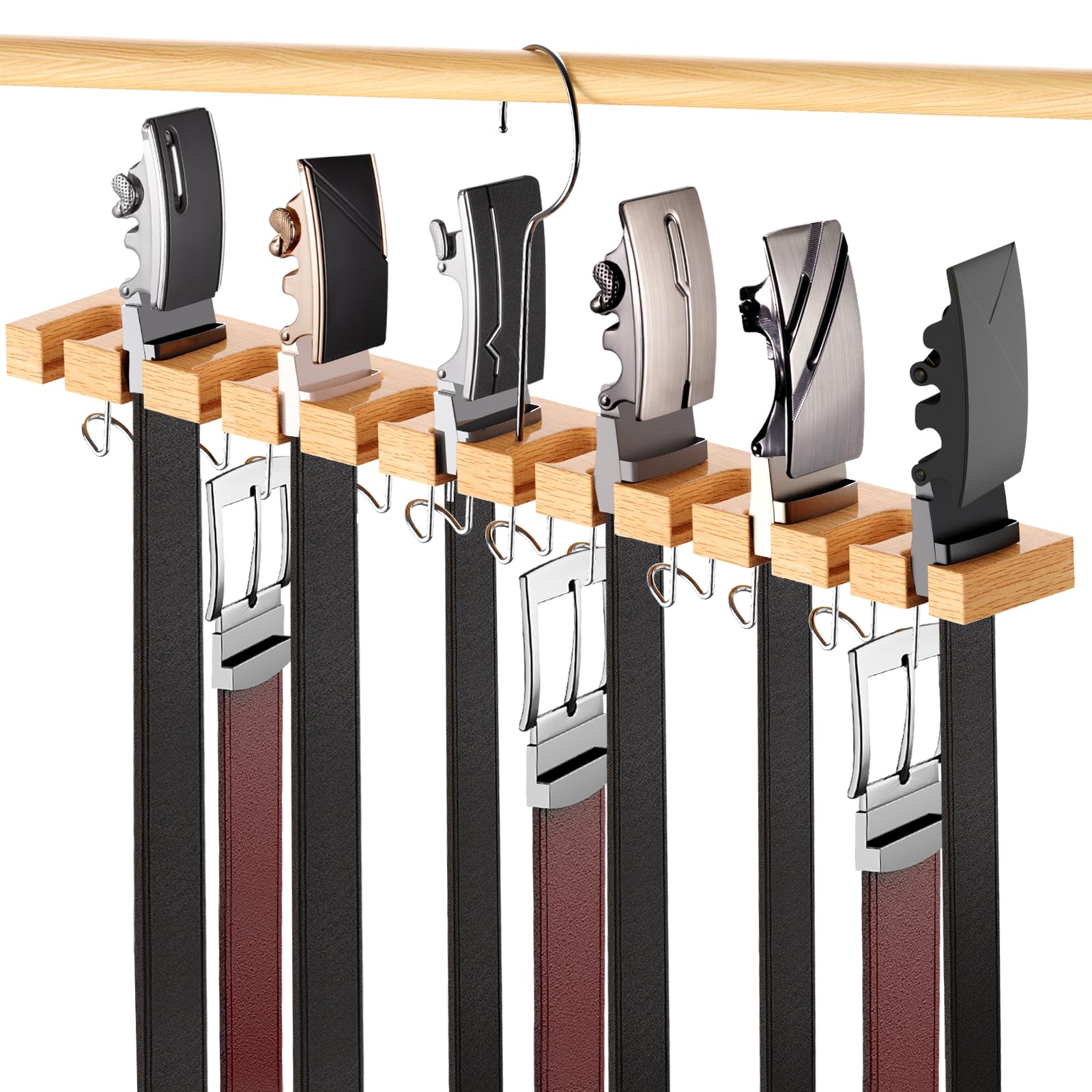 Belt Hanger For Closet Max 42 Belts, 2-In-1 Wall Mount Belt Organizer With 360 Rotating Hooks, Wooden Tie And Belt Rack For Clos