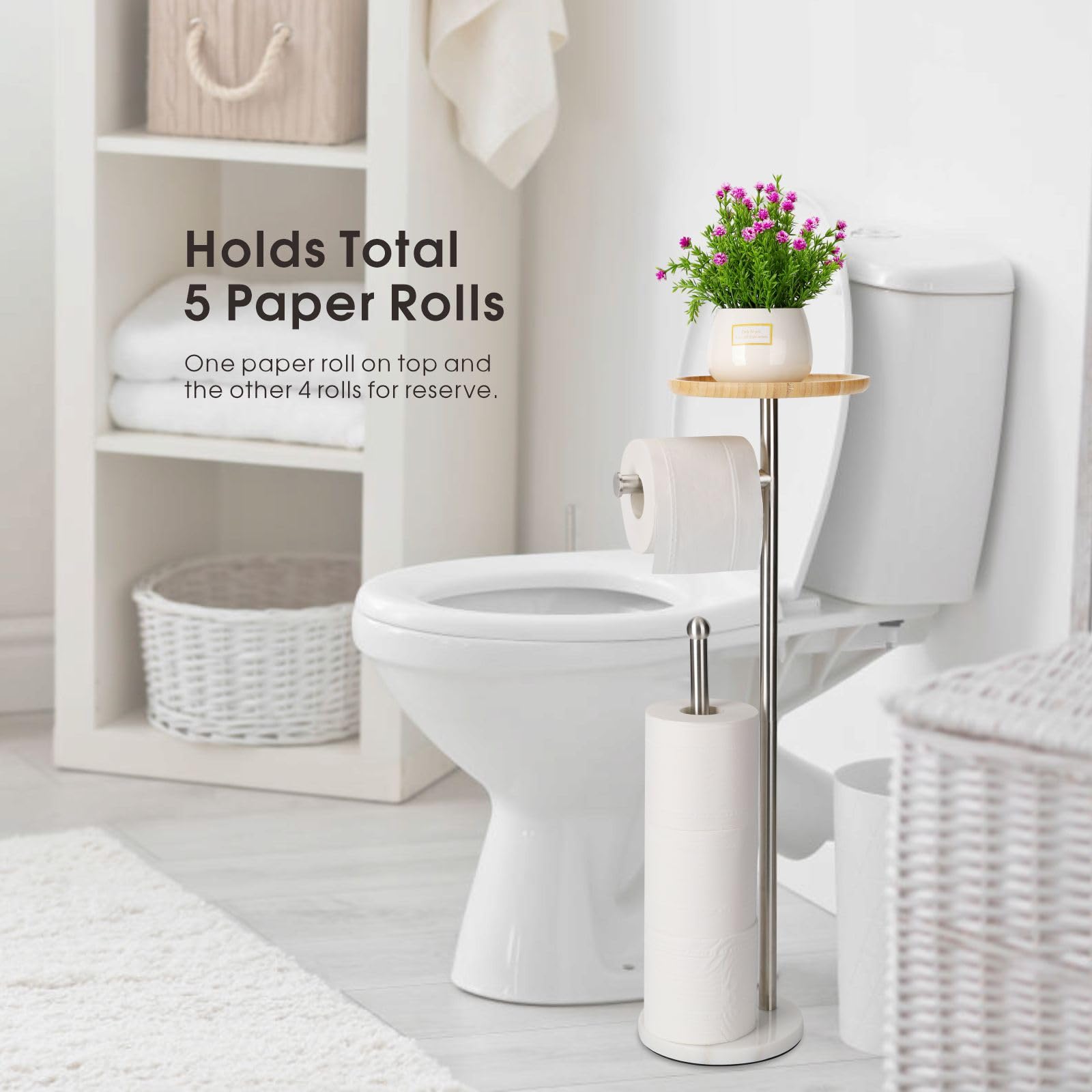 Toilet Paper Holder Stand With 7.9'' Big Bamboo Tray, 2.2Lbs Heavier Marble Base, Floor Standing Paper Holder Stand With Phone S