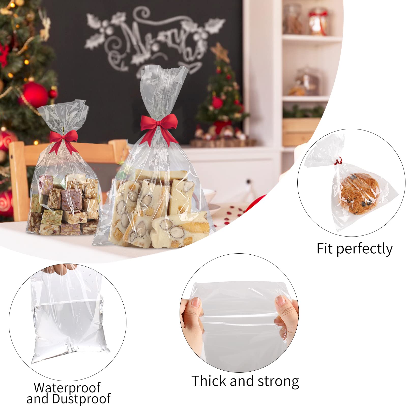 100 Pcs 7 In X 5 In(1.4Mil.) Clear Flat Cello Cellophane Treat Bags Good For Bakery, Cookies, Candies,Dessert With Random Color