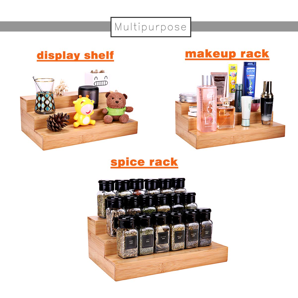 Sansnow Spice Rack Set, Cabinet Shelf, Spice Holder, 3-Tier Bamboo Spice Organizers for Cabinet, Pantry, Cupboard, Countertop, 2