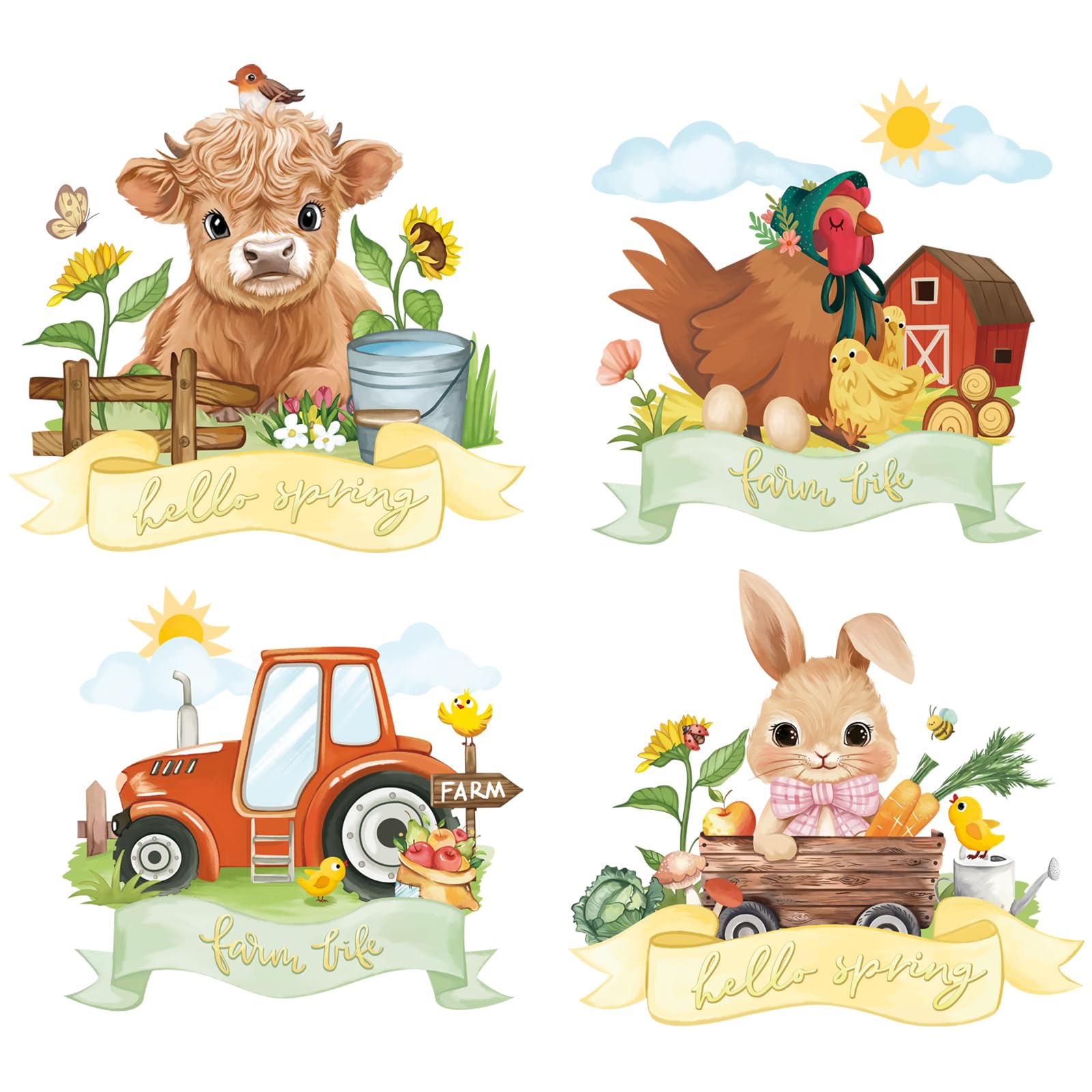 FUFUQUARE Farm Animals Wall Decals Cute Highland Cow Hen Truck Rabbit Wall Stickers Peel & Stick Nursery Wall Decor for TV Livin