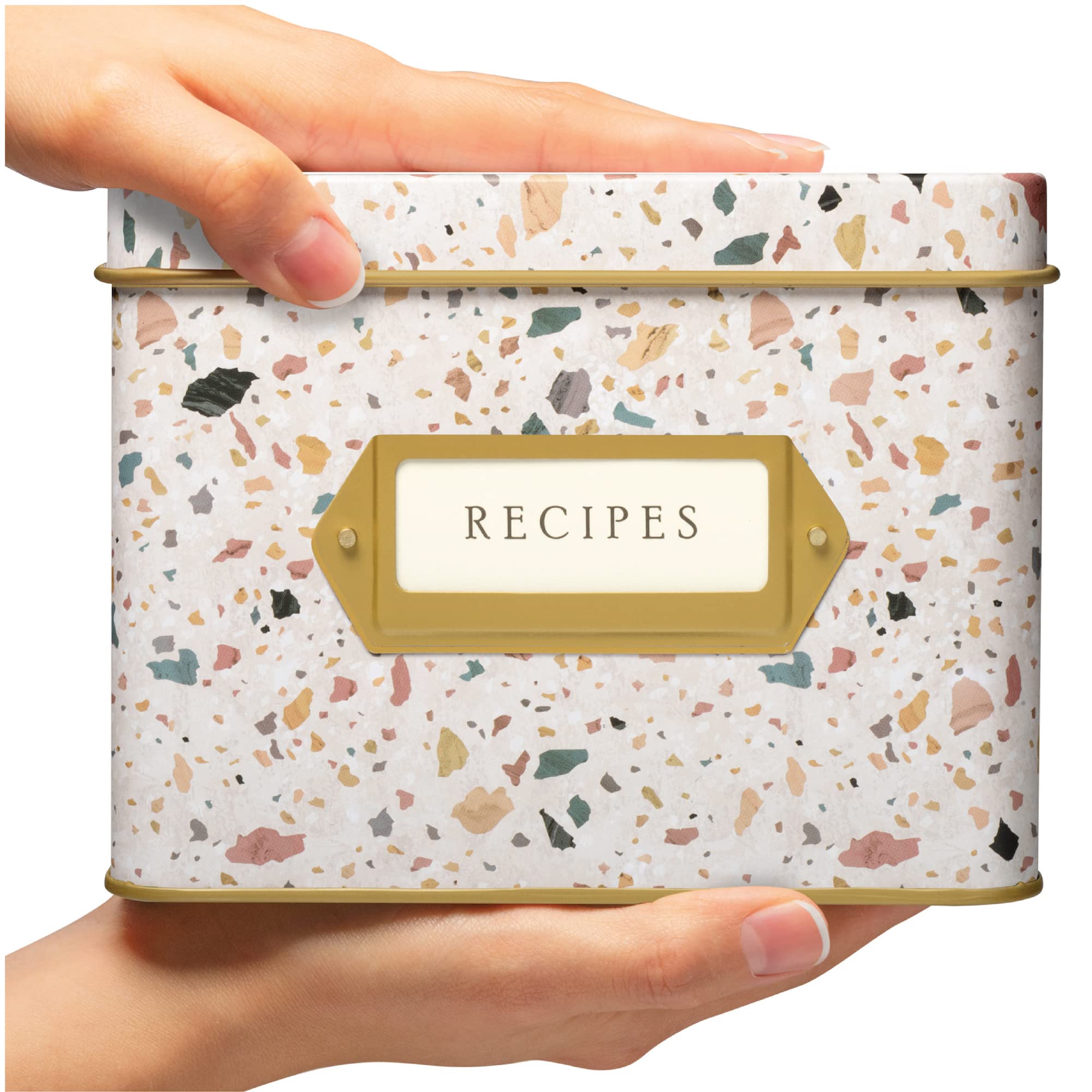Jot & Mark Decorative Recipe Tin Box For Recipe Cards, Greeting Card Holder | Holds Hundreds Of 4    X 6    Cards (Terrazzo)