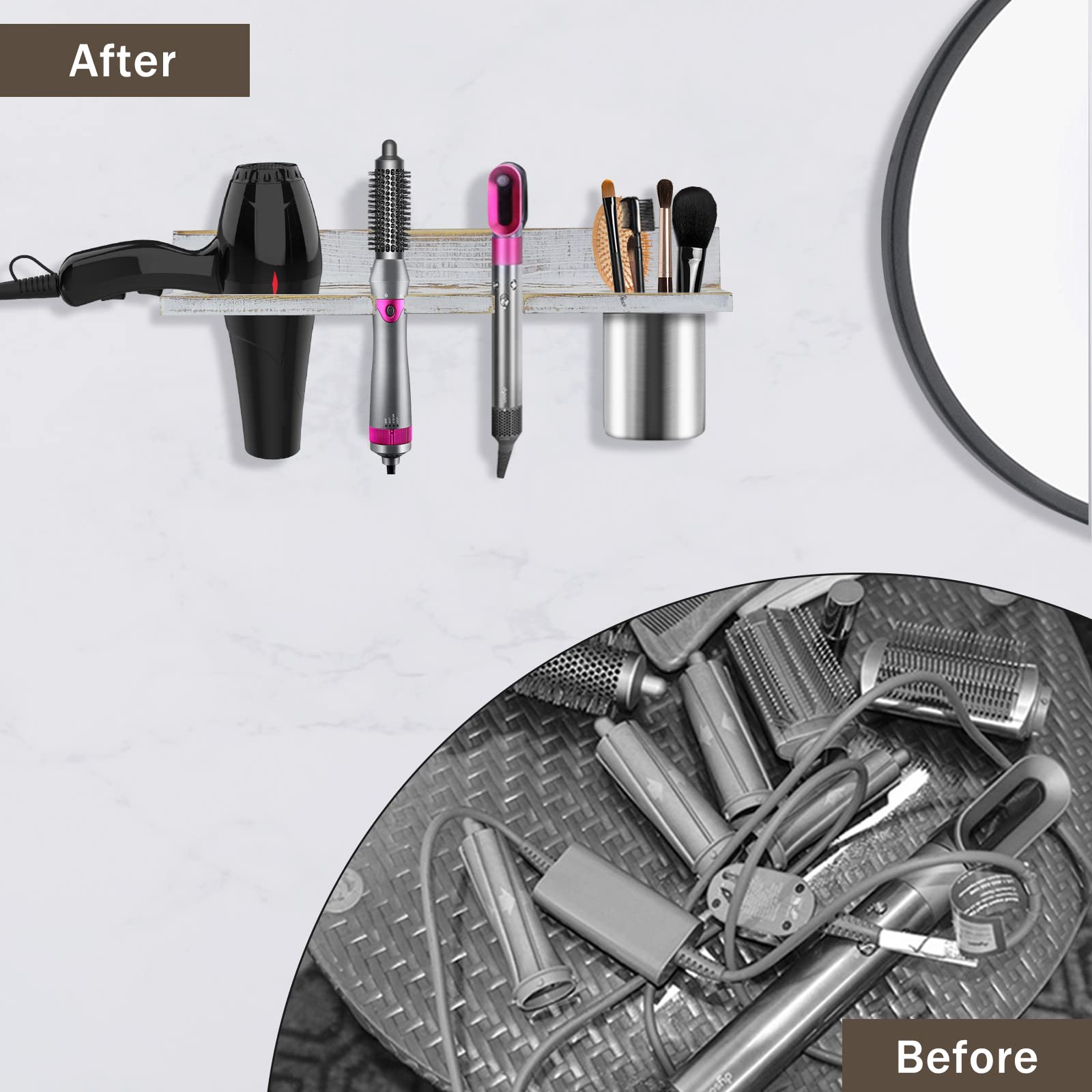 Hair Tool Organizer Wall Mounted, Sturdy Pine Wood Construction, Removable Stainless Steel Cup, Holds Hair Dryers, Straighteners